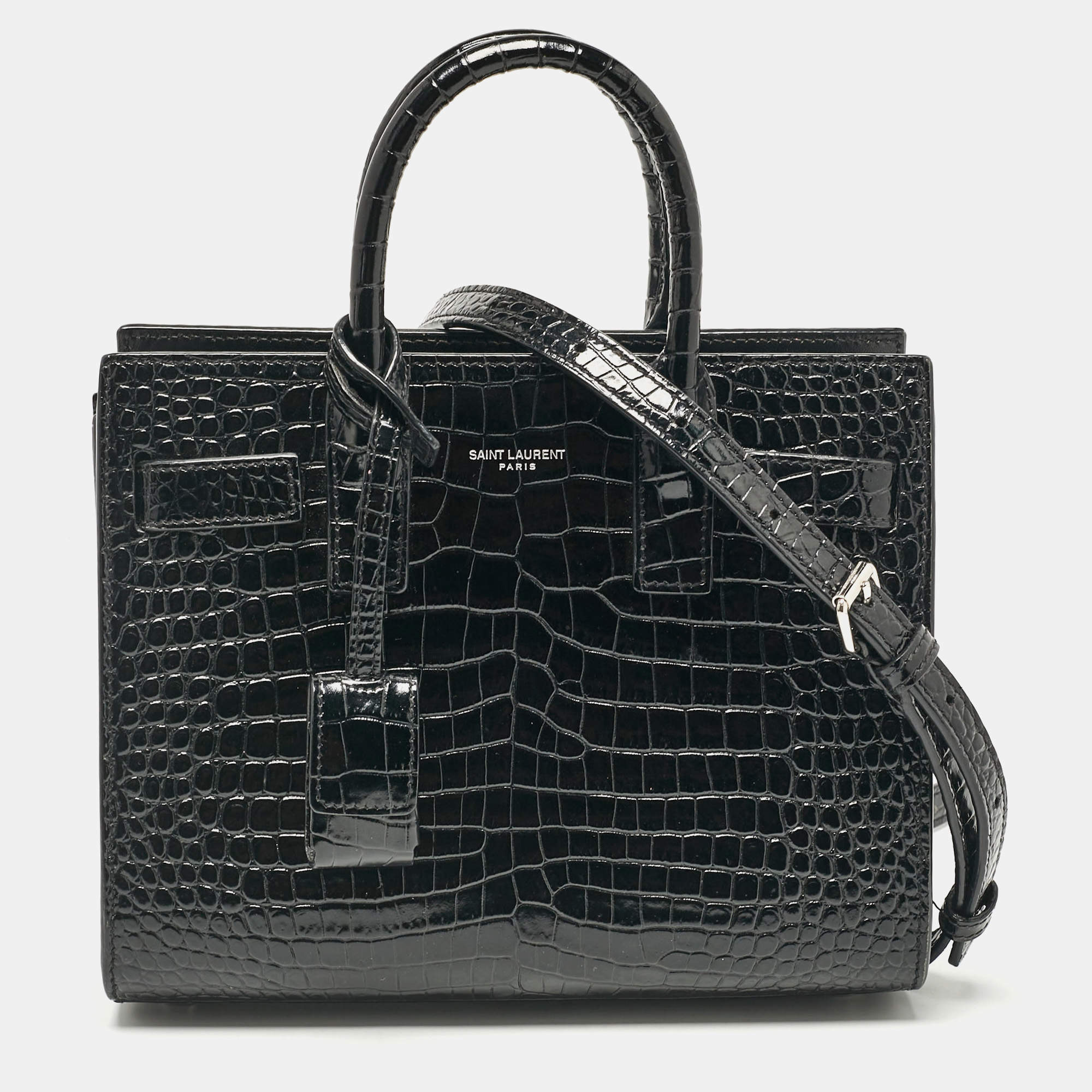 Saint Laurent Black Croc Embossed Leather Nano Classic Sac De Jour Tote