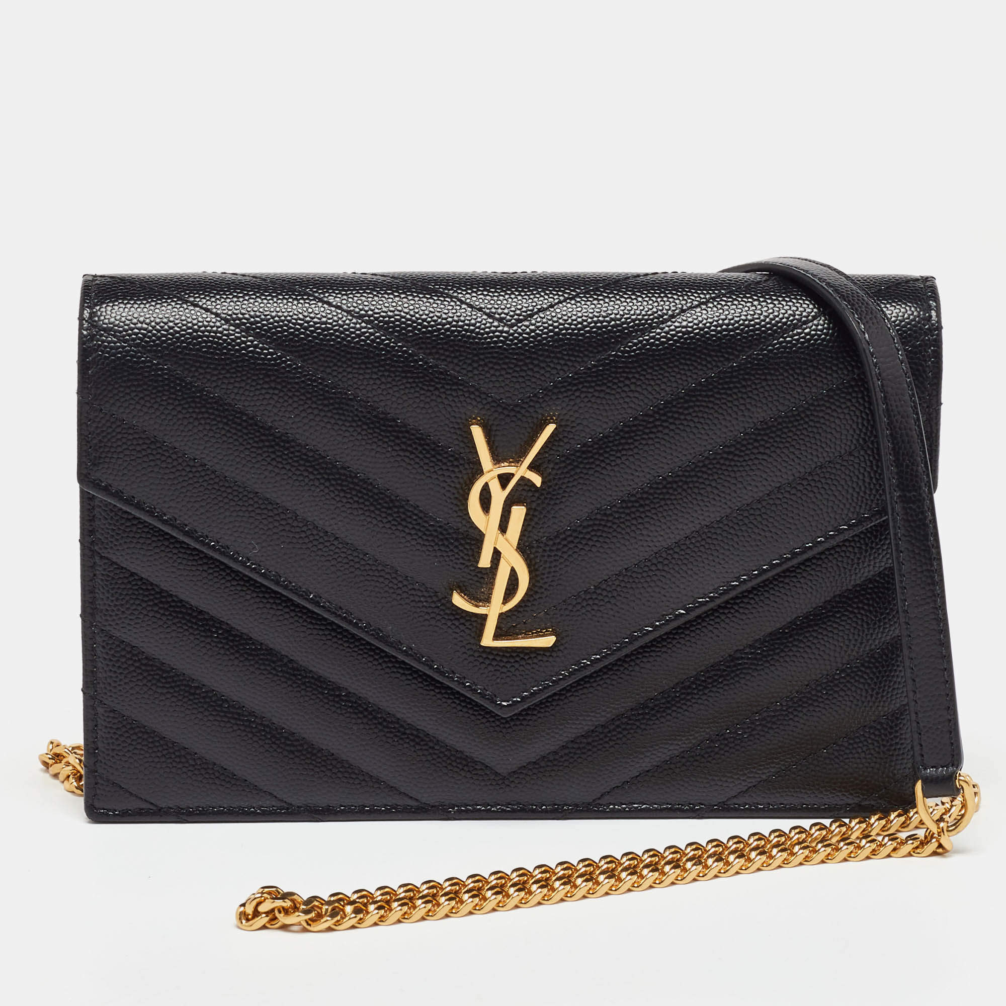 Saint Laurent Black Matelassé Leather Monogram Envelope Wallet on Chain