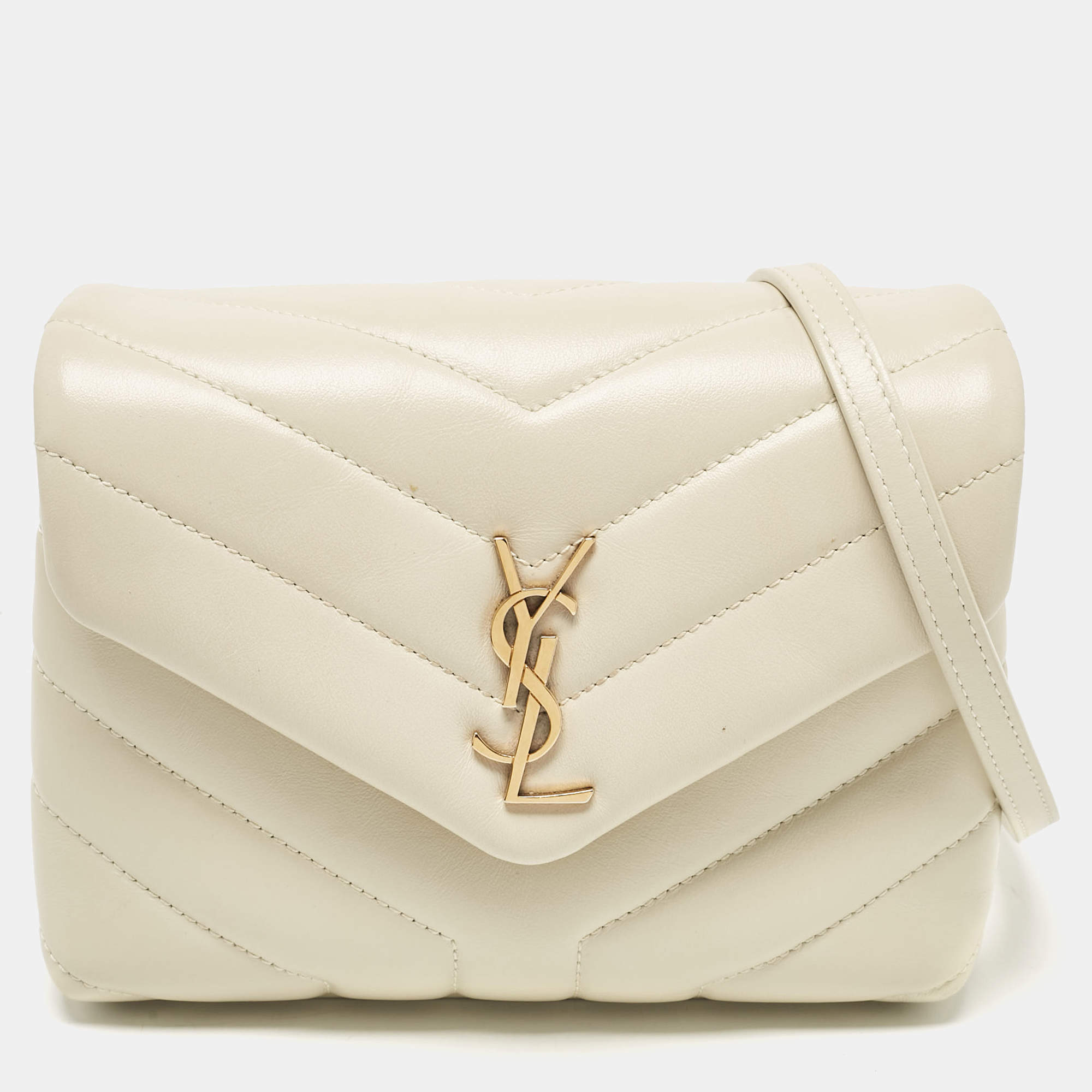 Saint Laurent Off White Matelassé Leather Toy Loulou Crossbody Bag