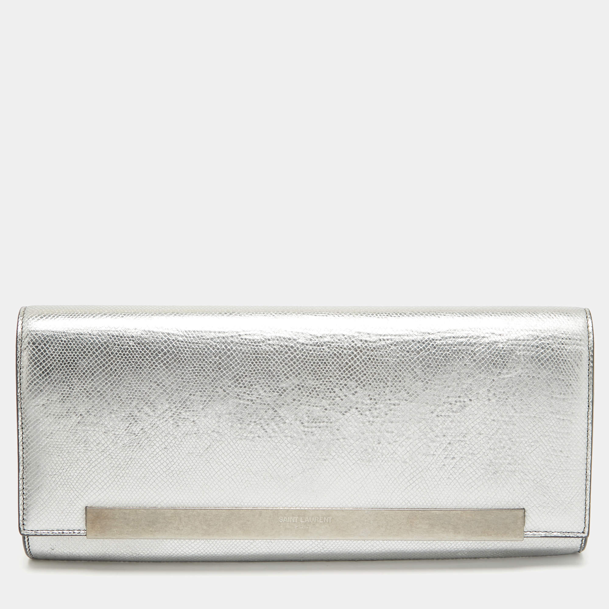 Saint Laurent Silver Lizard Embossed Leather Lutetia Clutch