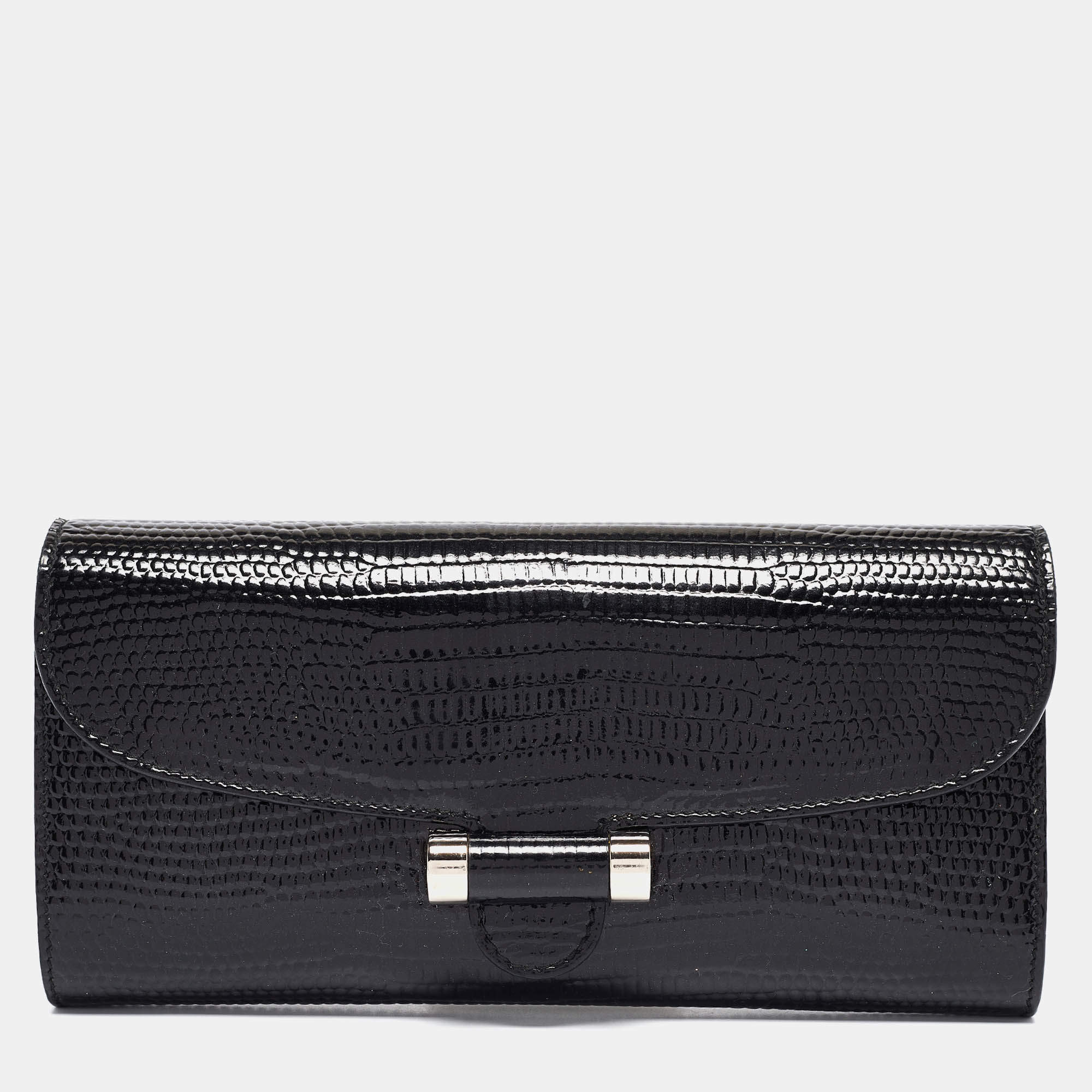 Pre Owned Saint Laurent Black Lizard Embossed Patent Leather Muse Clutch