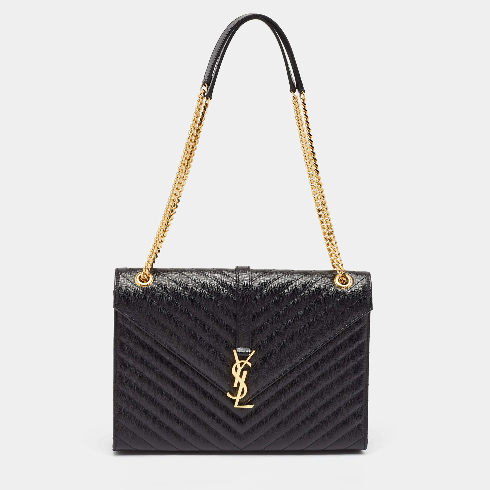Saint Laurent Black Matelassé Leather Large Monogram Envelope Shoulder Bag