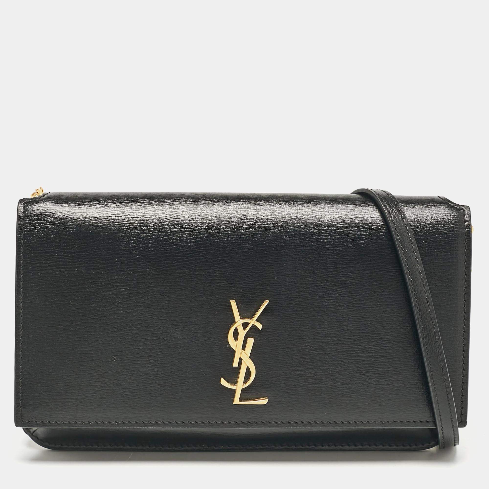 Saint Laurent Black Leather Cassandre Phone Holder Crossbody Bag