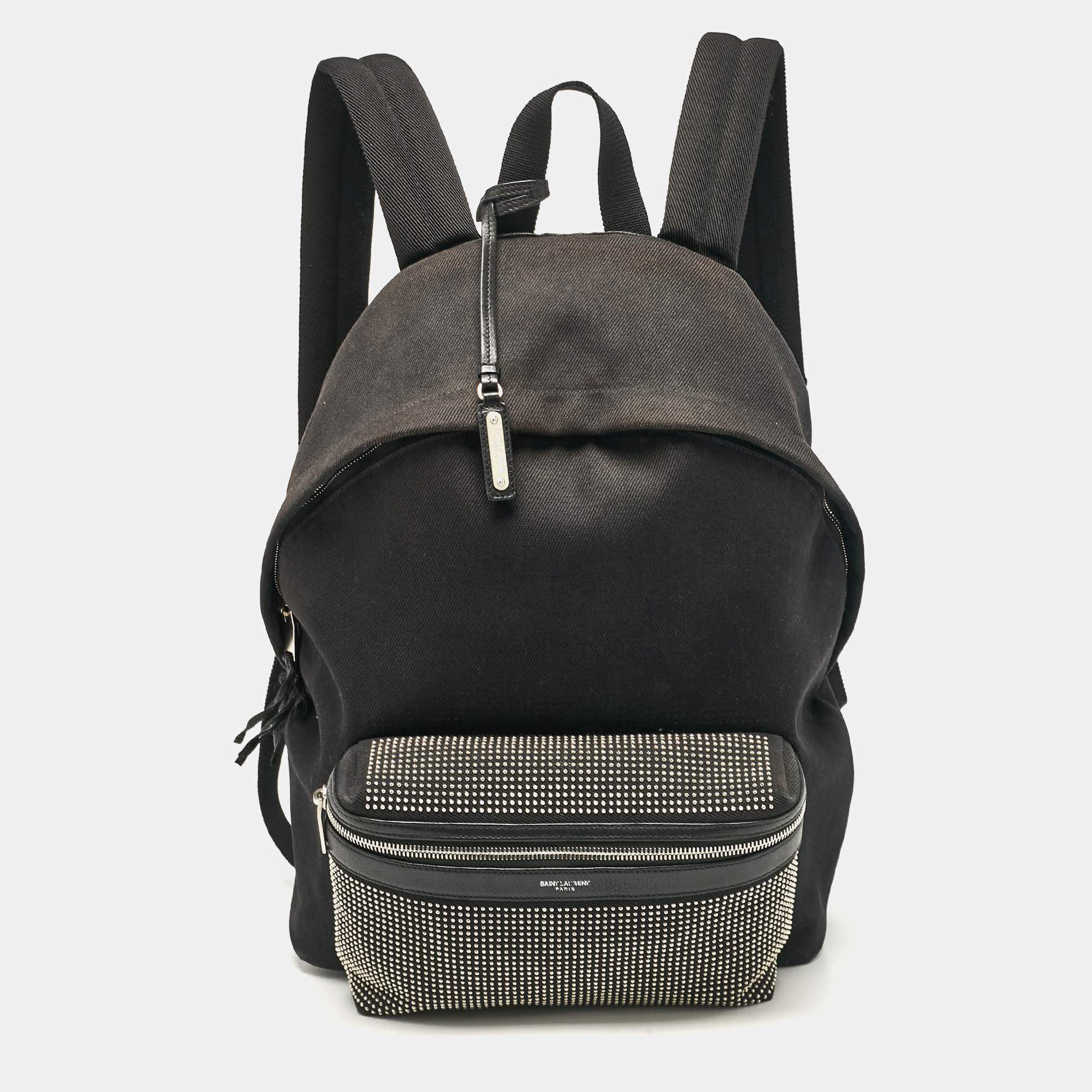 Saint Laurent Black Canvas and Leather City Studded Backpack