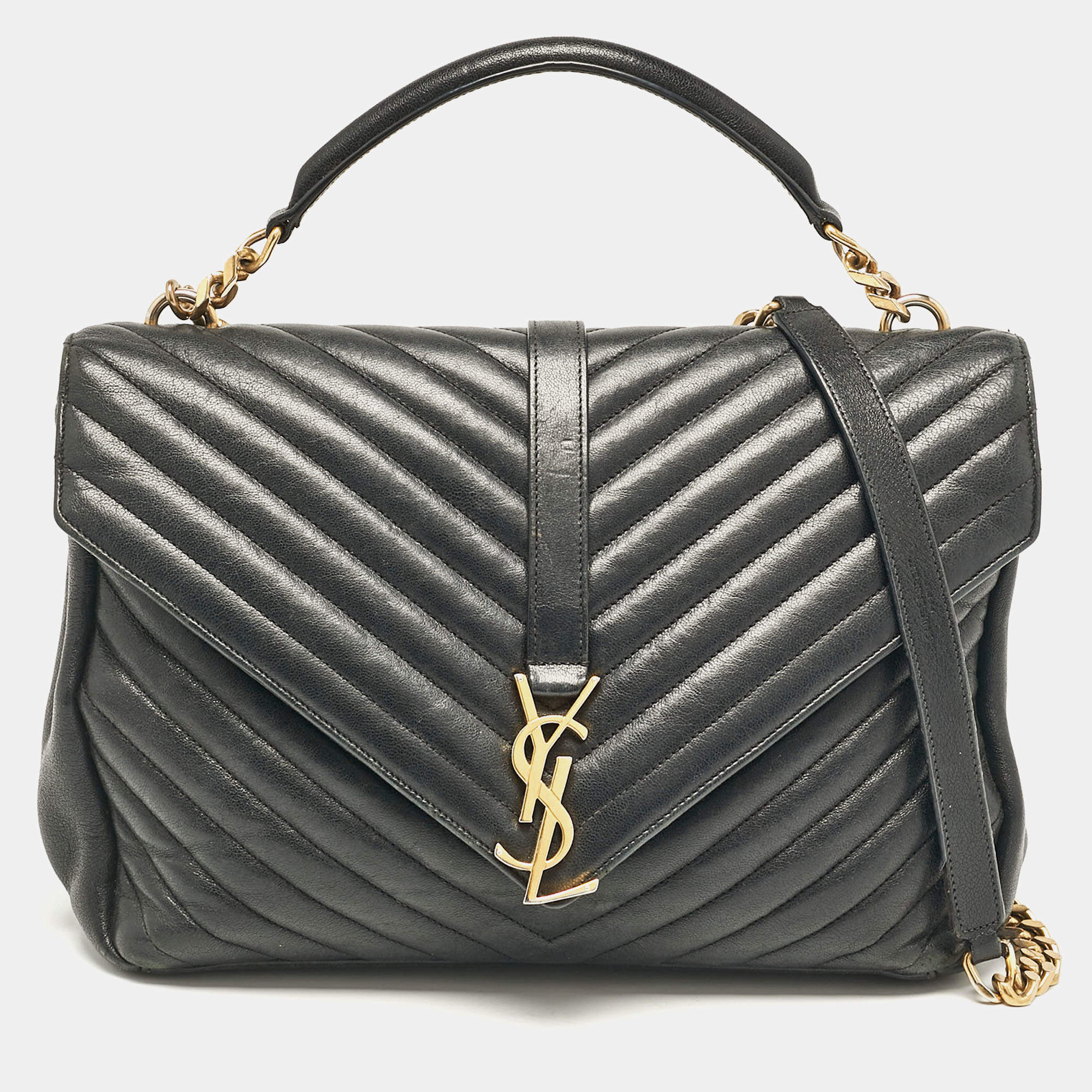 Saint Laurent Black Matelassé Leather Large College Top Handle Bag