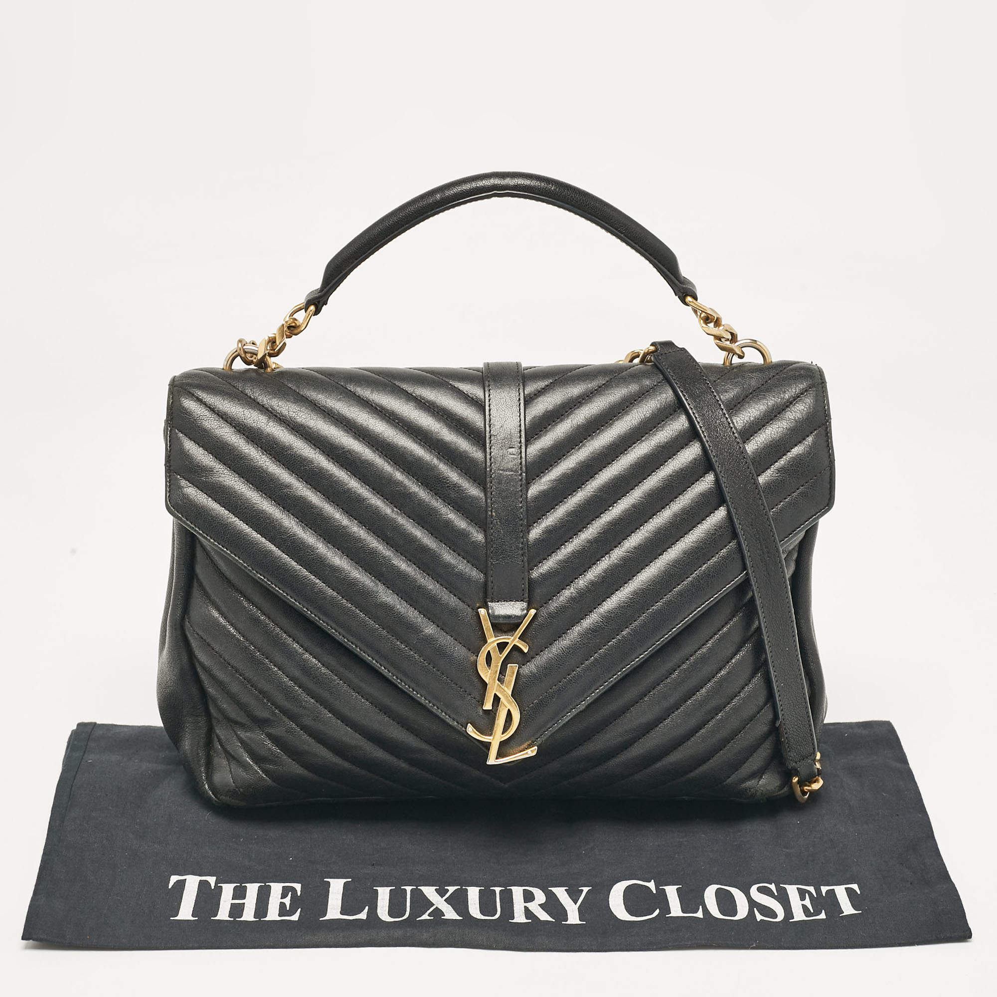 Pre Owned Saint Laurent Black Matelassé Leather Large College Top Handle Bag