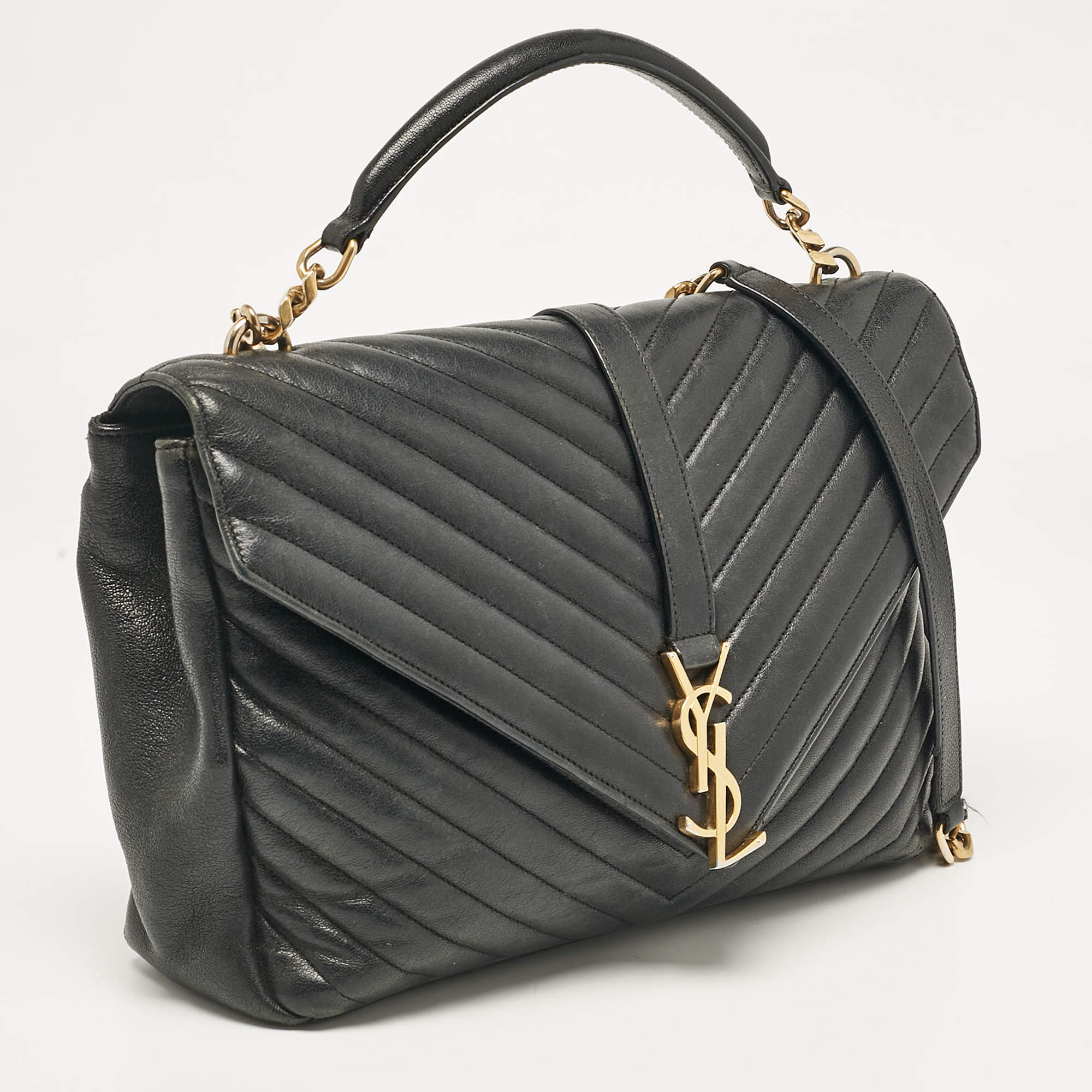 Pre Owned Saint Laurent Black Matelassé Leather Large College Top Handle Bag