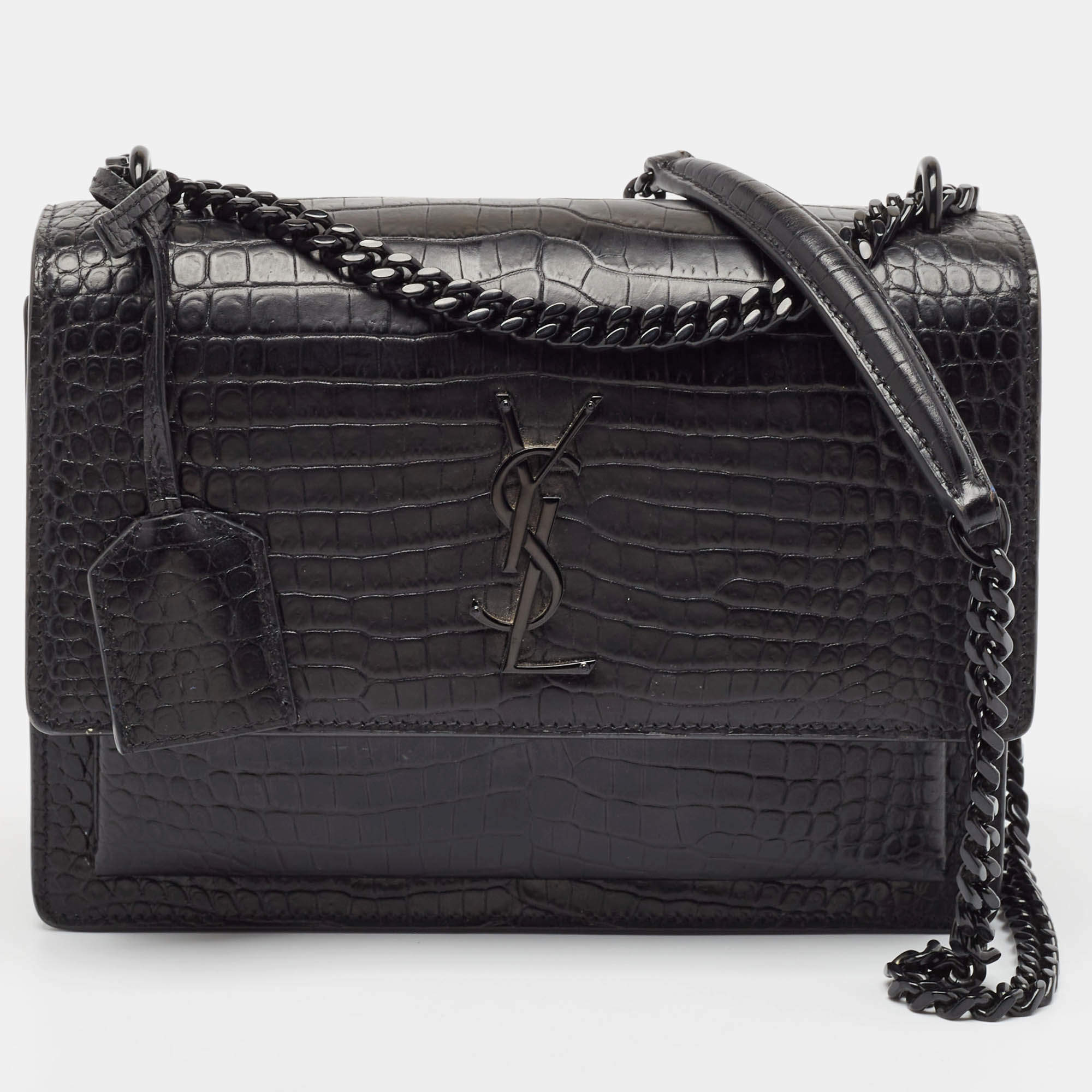 Pre Owned Saint Laurent Black Croc Embossed Leather Medium Sunset Bag
