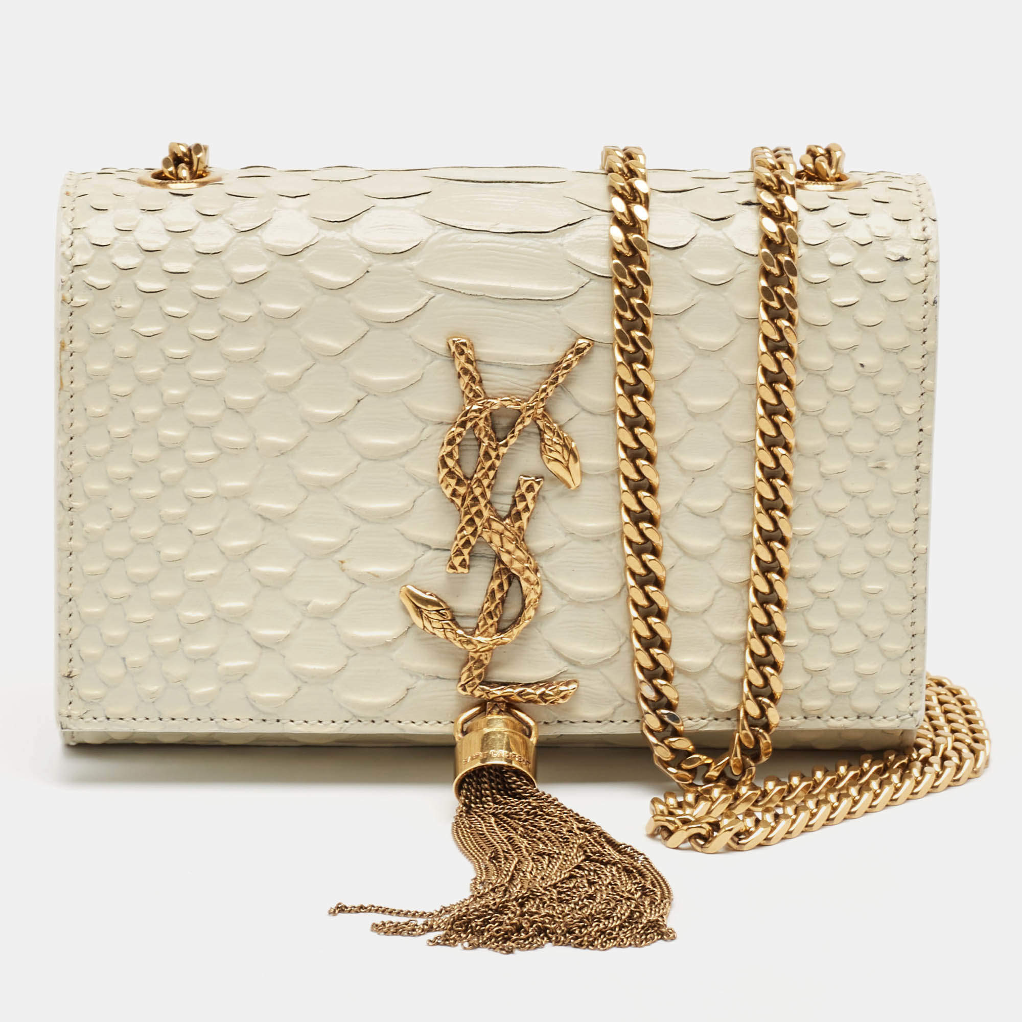 Saint Laurent Off White Python Embossed Leather Small Kate Tassel Crossbody Bag