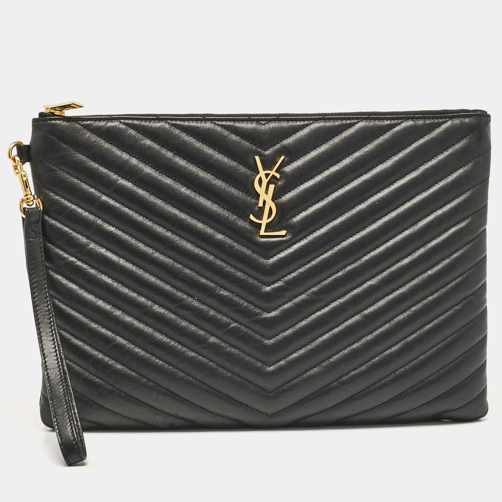 Pre Owned Saint Laurent Black Matelassé Leather Cassandra Tablet Pouch 