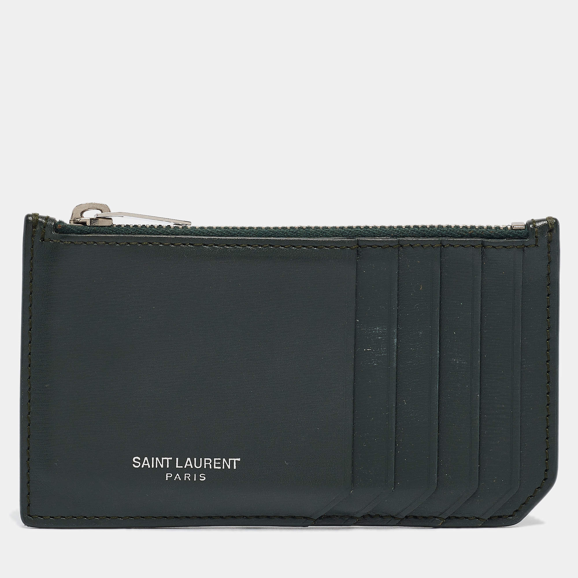 Saint Laurent Dark Green Leather Fragment Zip Card Holder