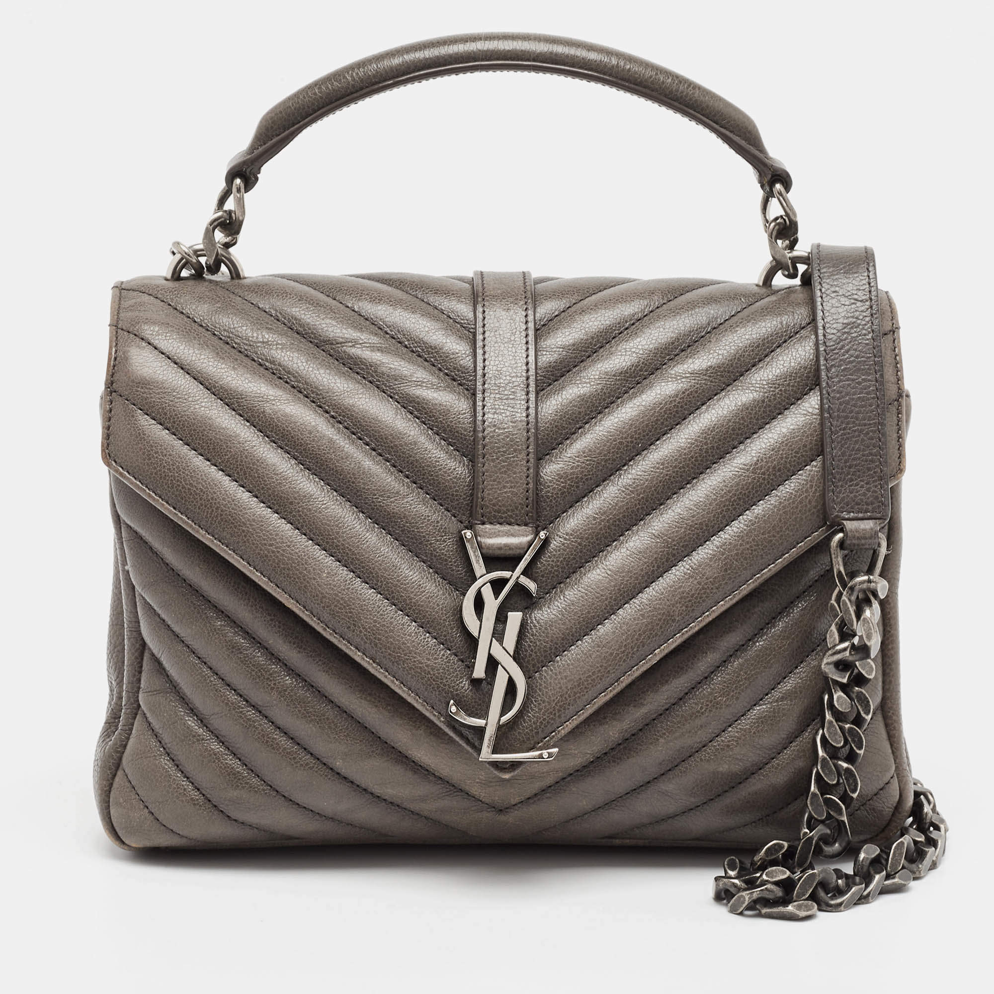 Saint Laurent Grey Matelasse Leather Medium College Top Handle Bag