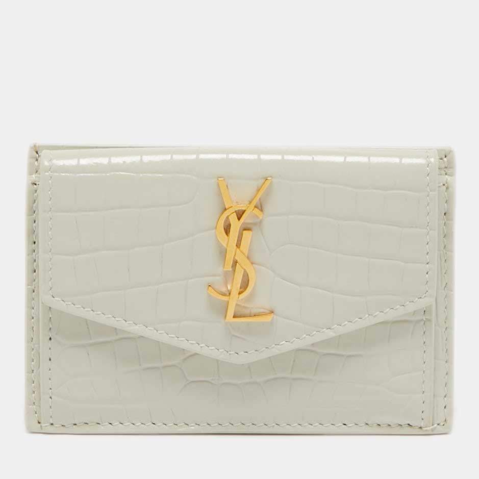 Pre Owned Saint Laurent Off White Croc Embossed Leather Uptown Flap Card Holder