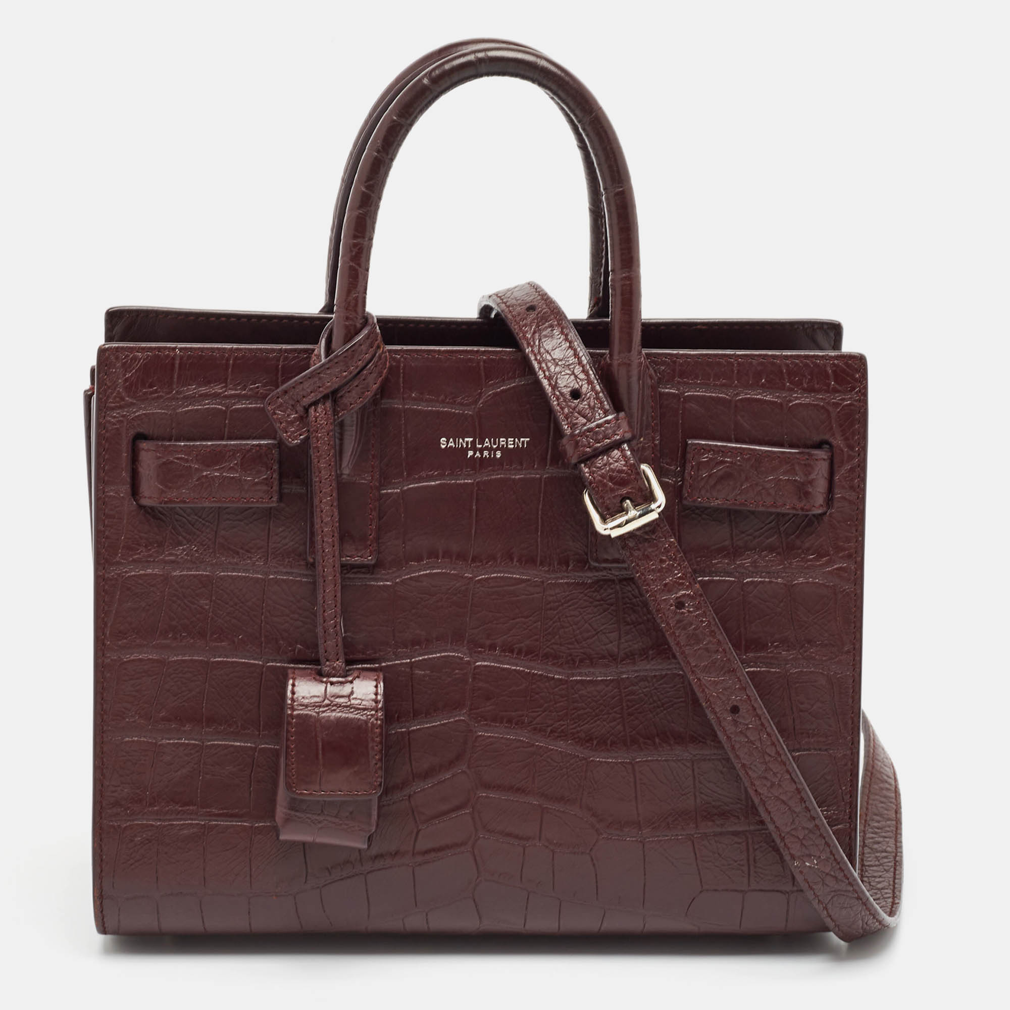 Saint Laurent Burgundy Croc Embossed Leather Nano Classic Sac De Jour Tote