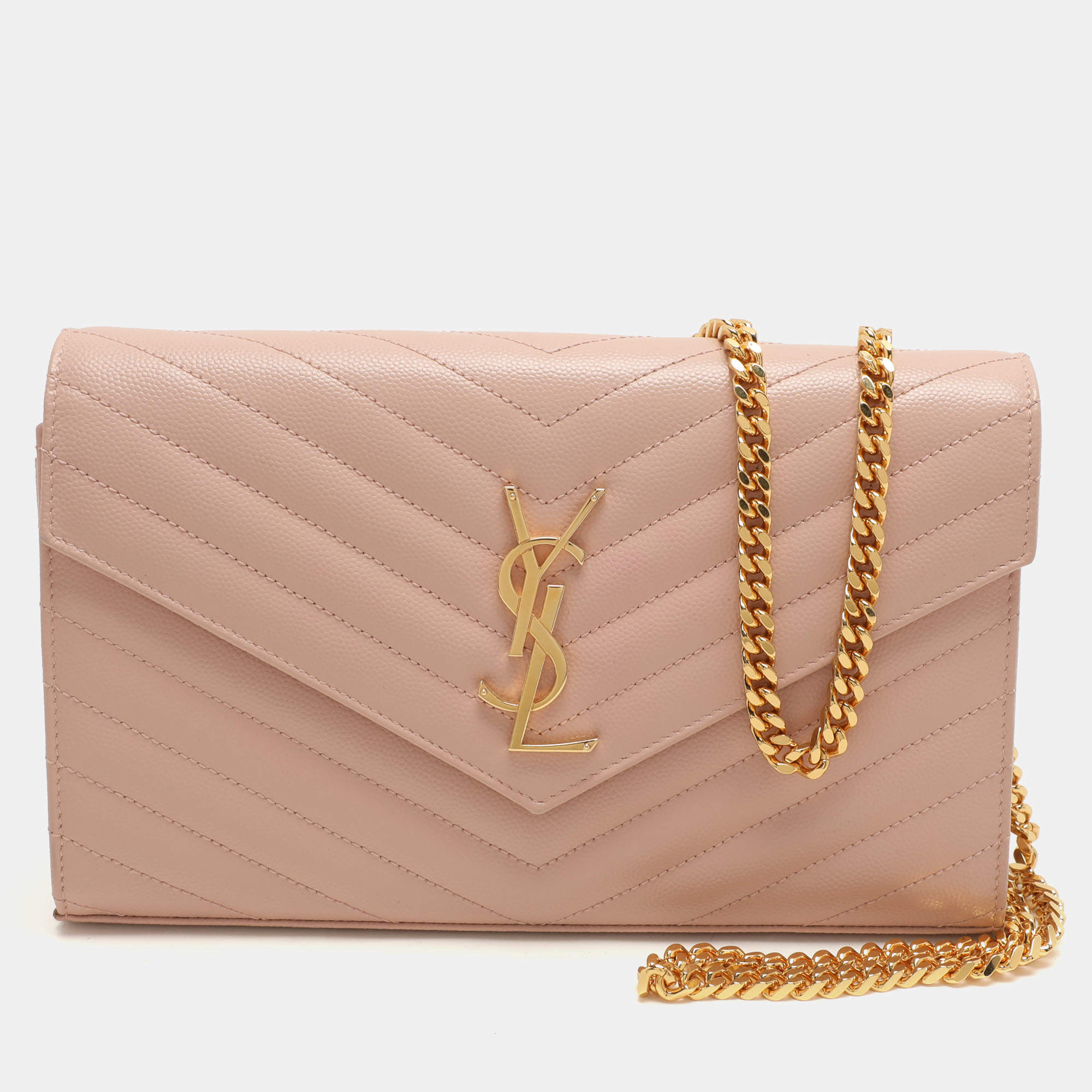 Saint Laurent Beige Leather Cassandre Wallet On Chain