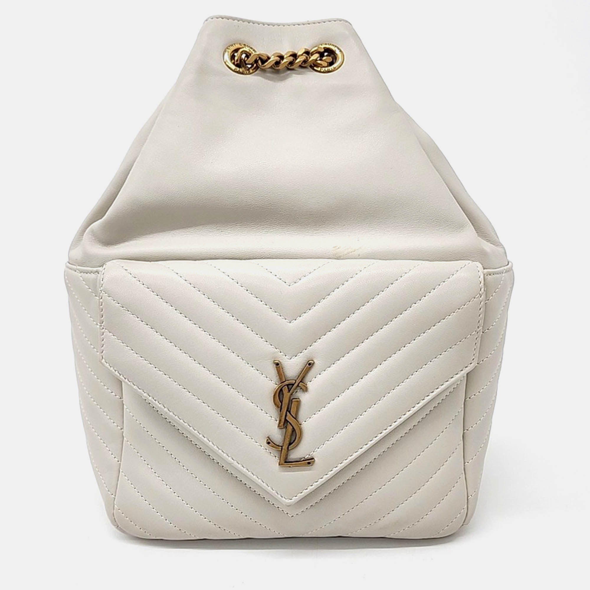 Pre Owned Saint Laurent Paris White Leather Saint Laurent Paris Monogram Joy Backpack