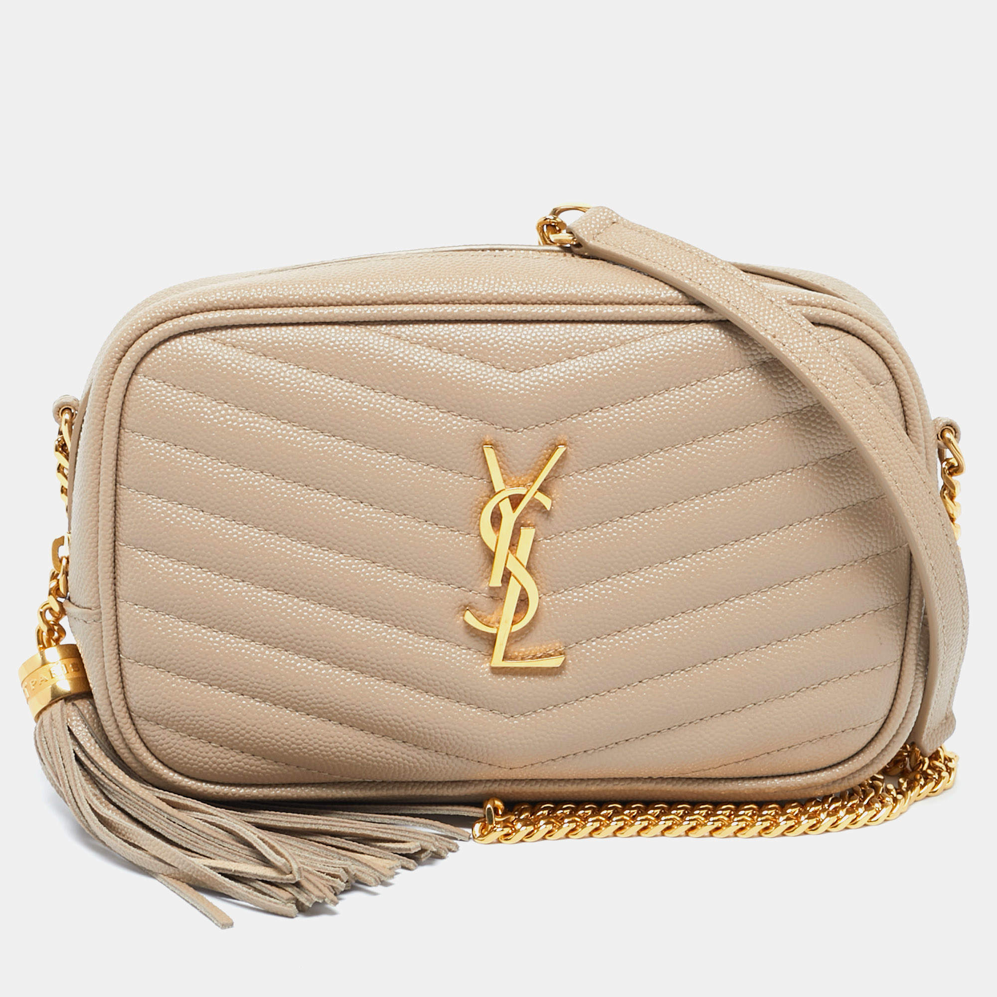 Pre Owned Saint Laurent Beige Matelassé Leather Mini Lou Camera Crossbody Bag