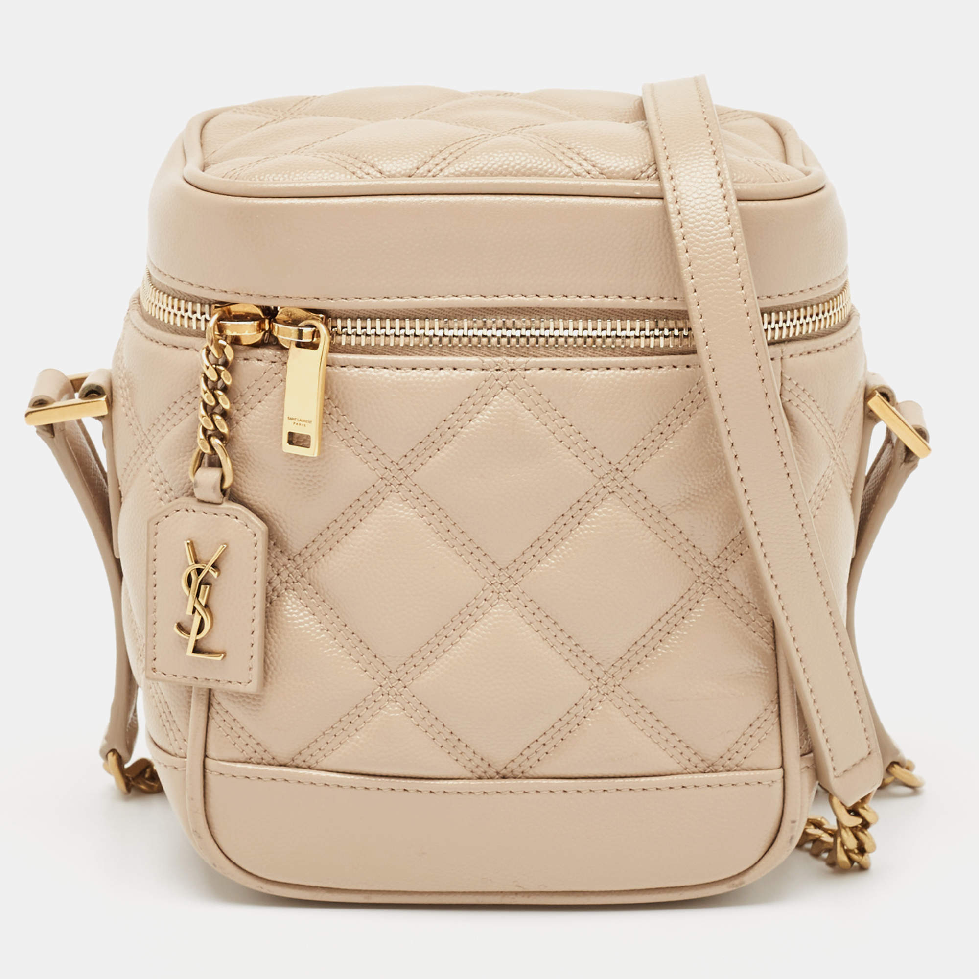 Pre Owned Saint Laurent Beige Quilted Leather Vanity Shoulder Bag