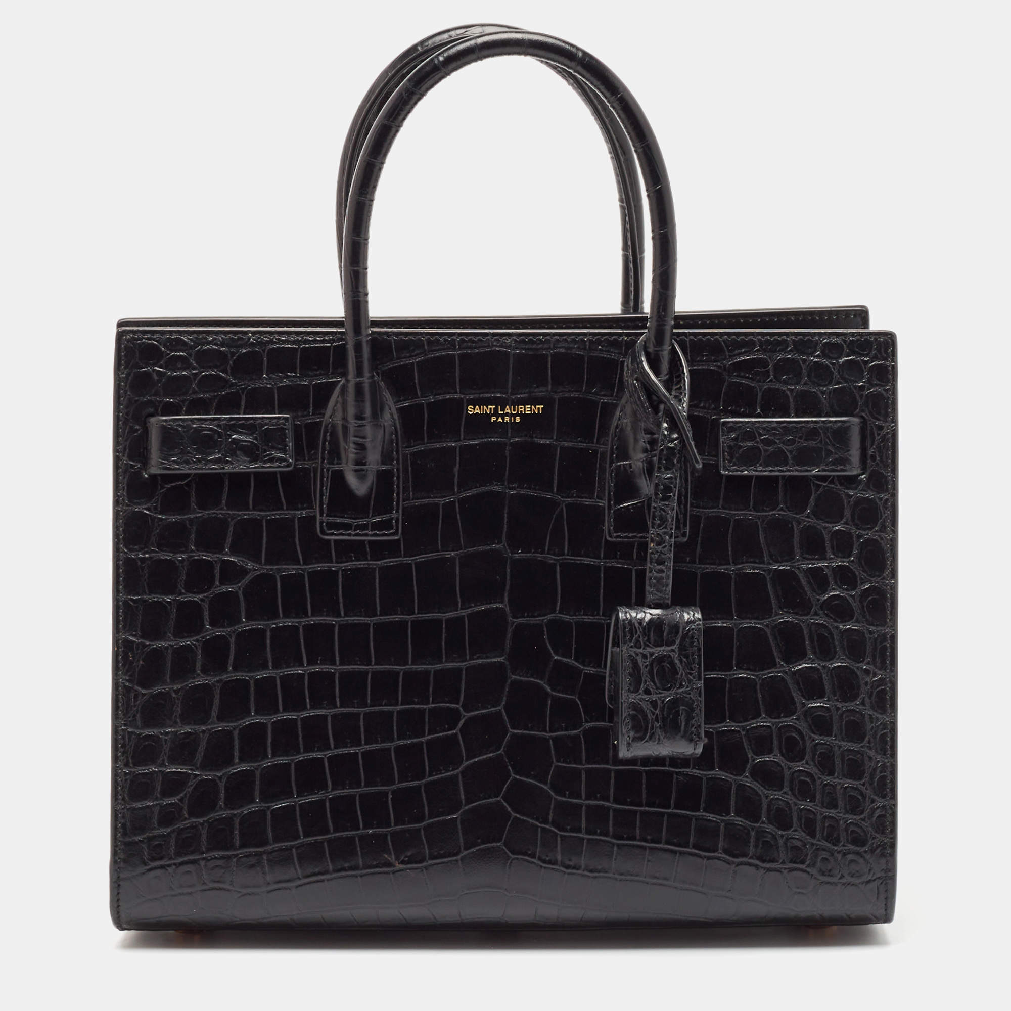 Pre Owned Saint Laurent Black Croc Embossed Leather Baby Classic Sac De Jour Tote