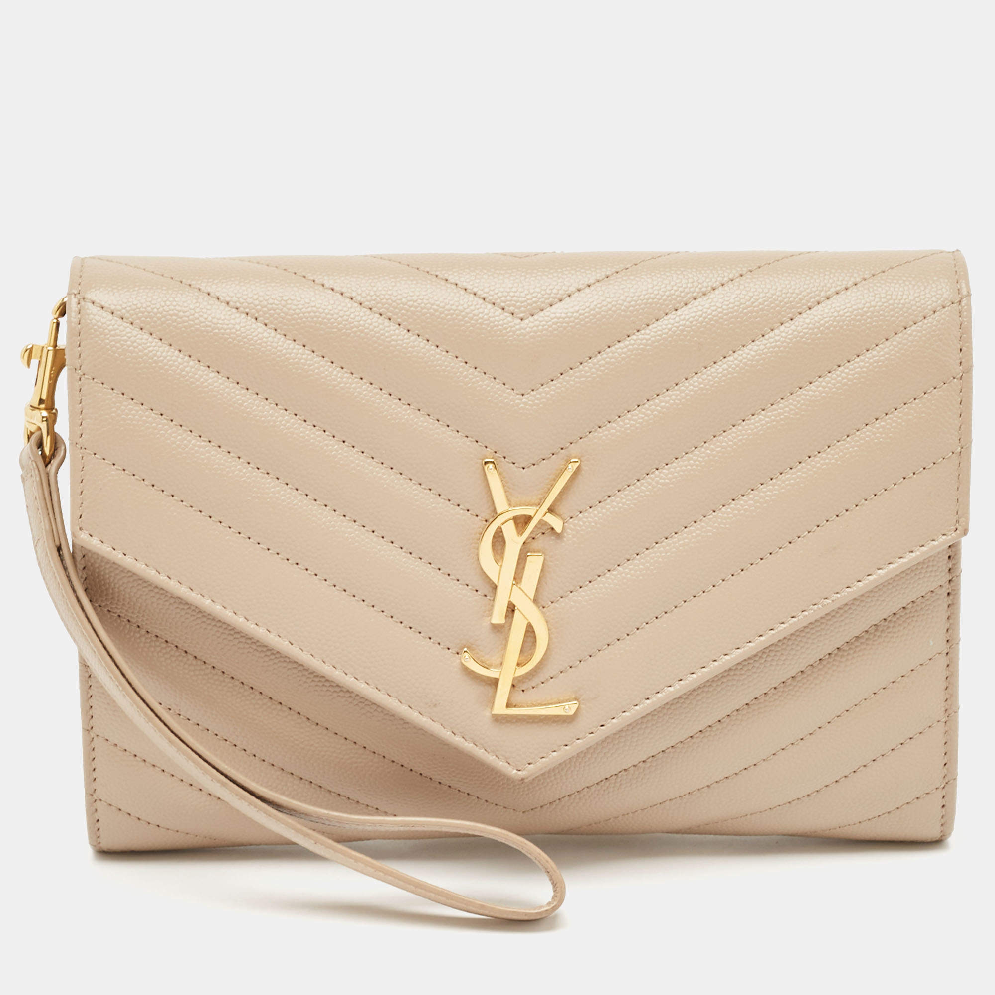 Saint Laurent Beige Matelassé Leather Cassandre Wristlet Pouch