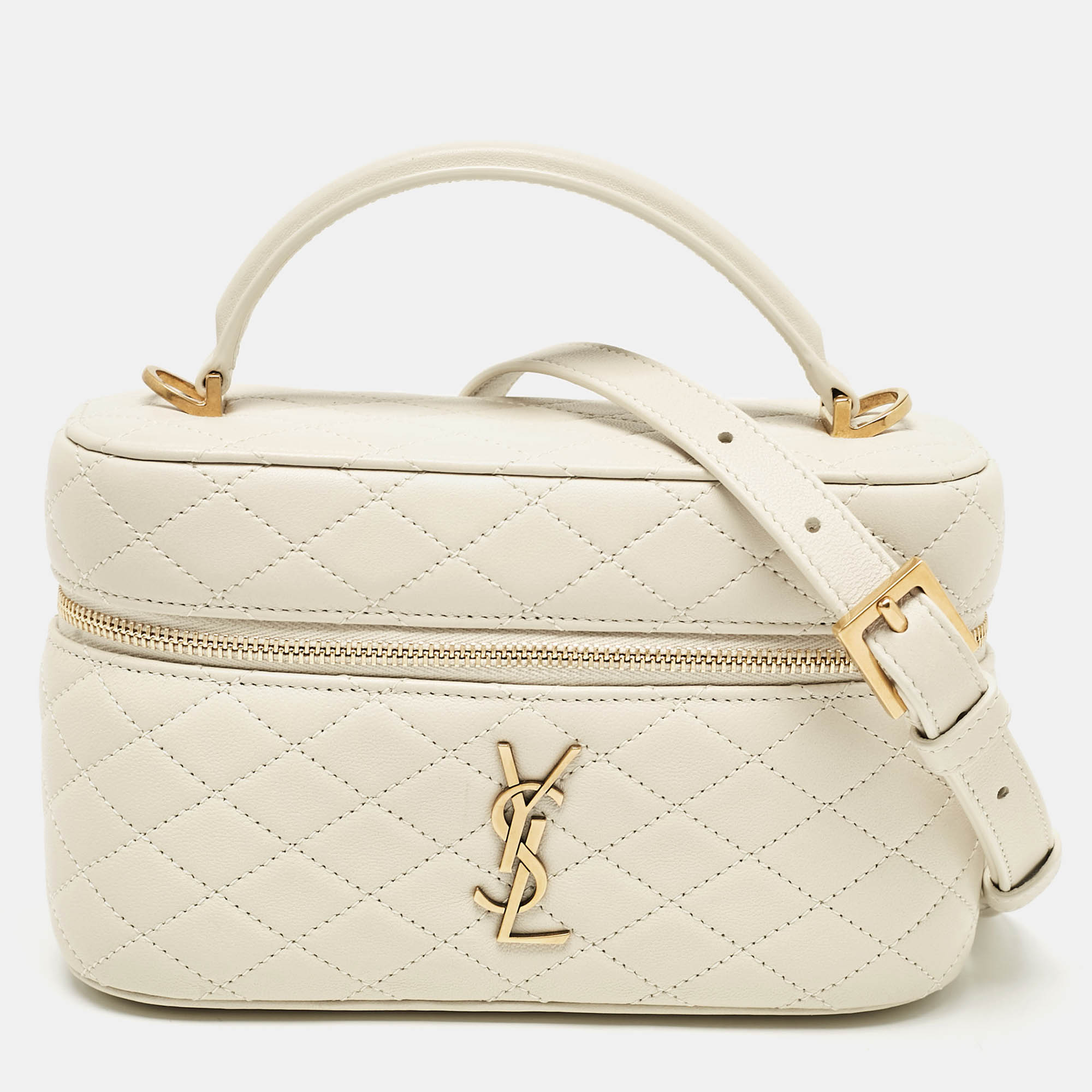 Saint Laurent White Quilted Leather Mini Gaby Vanity Bag