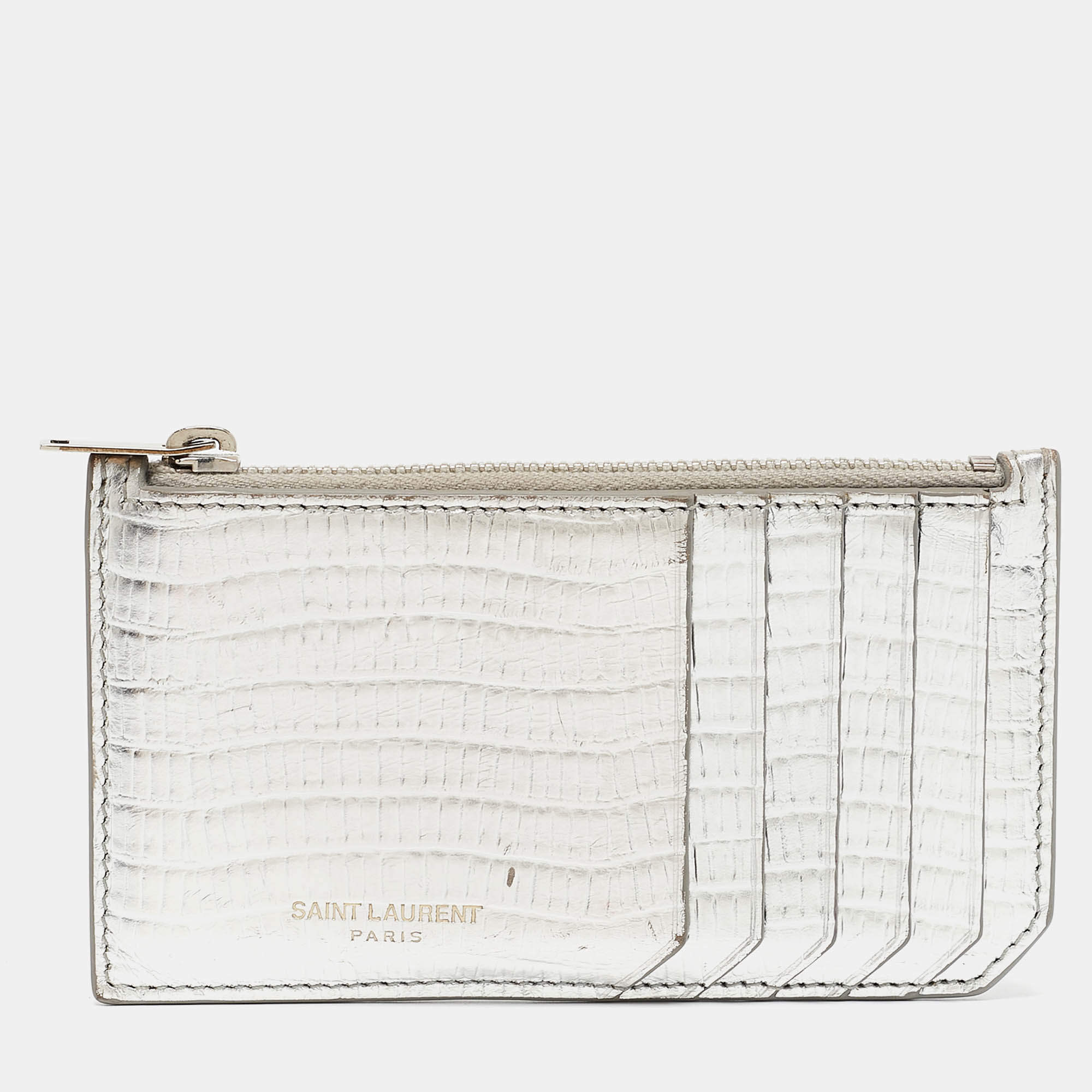 Saint Laurent Silver Textured Leather Zip Card Holder