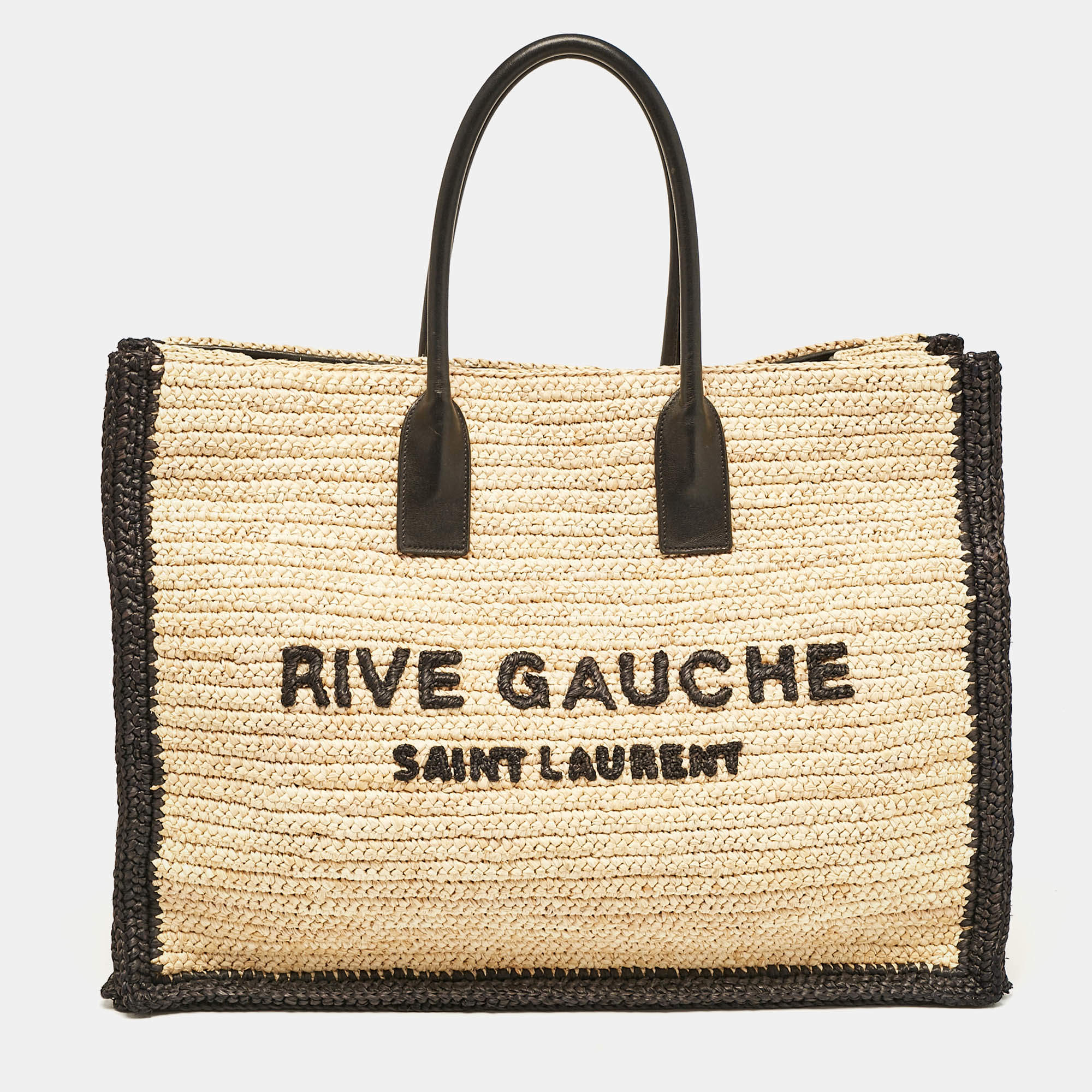 Saint Laurent Black/Natural Woven Straw Large Rive Gauche Tote