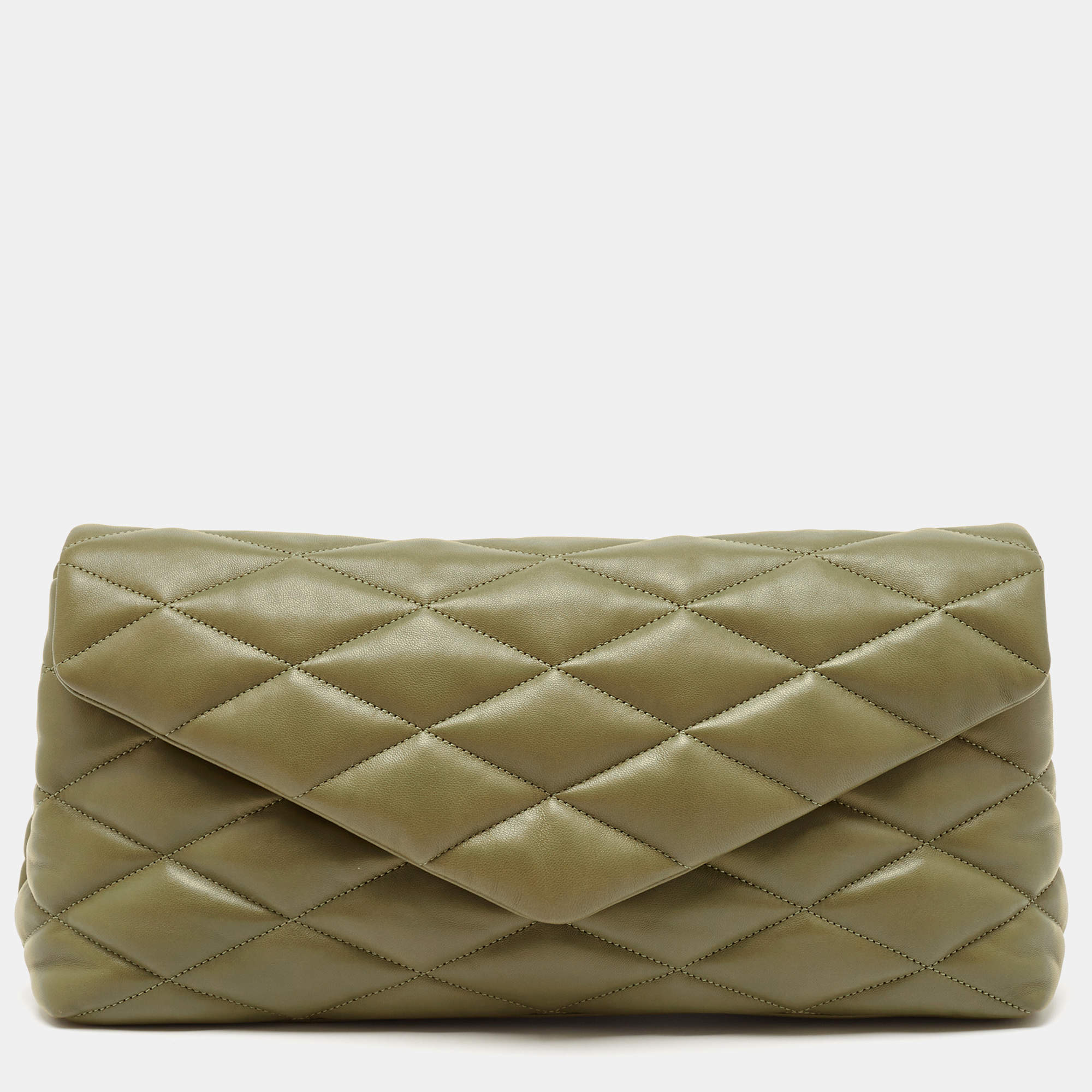 Pre Owned Saint Laurent Olive Green Quilted Leather Puffer Sade Envelope Clutch