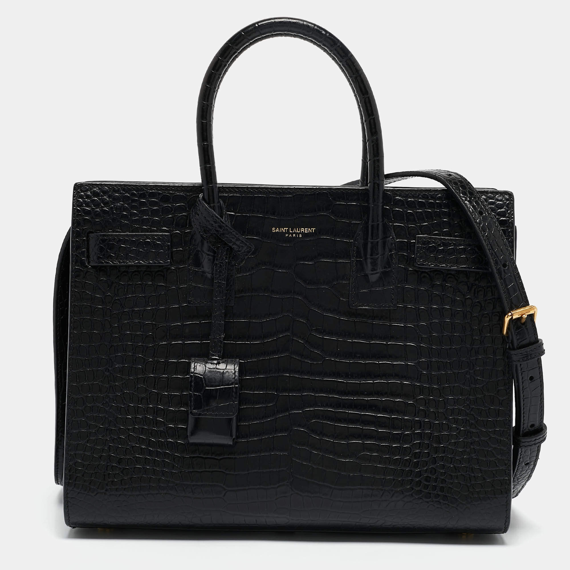 Saint Laurent Black Croc Embossed Leather Baby Classic Sac De Jour Tote
