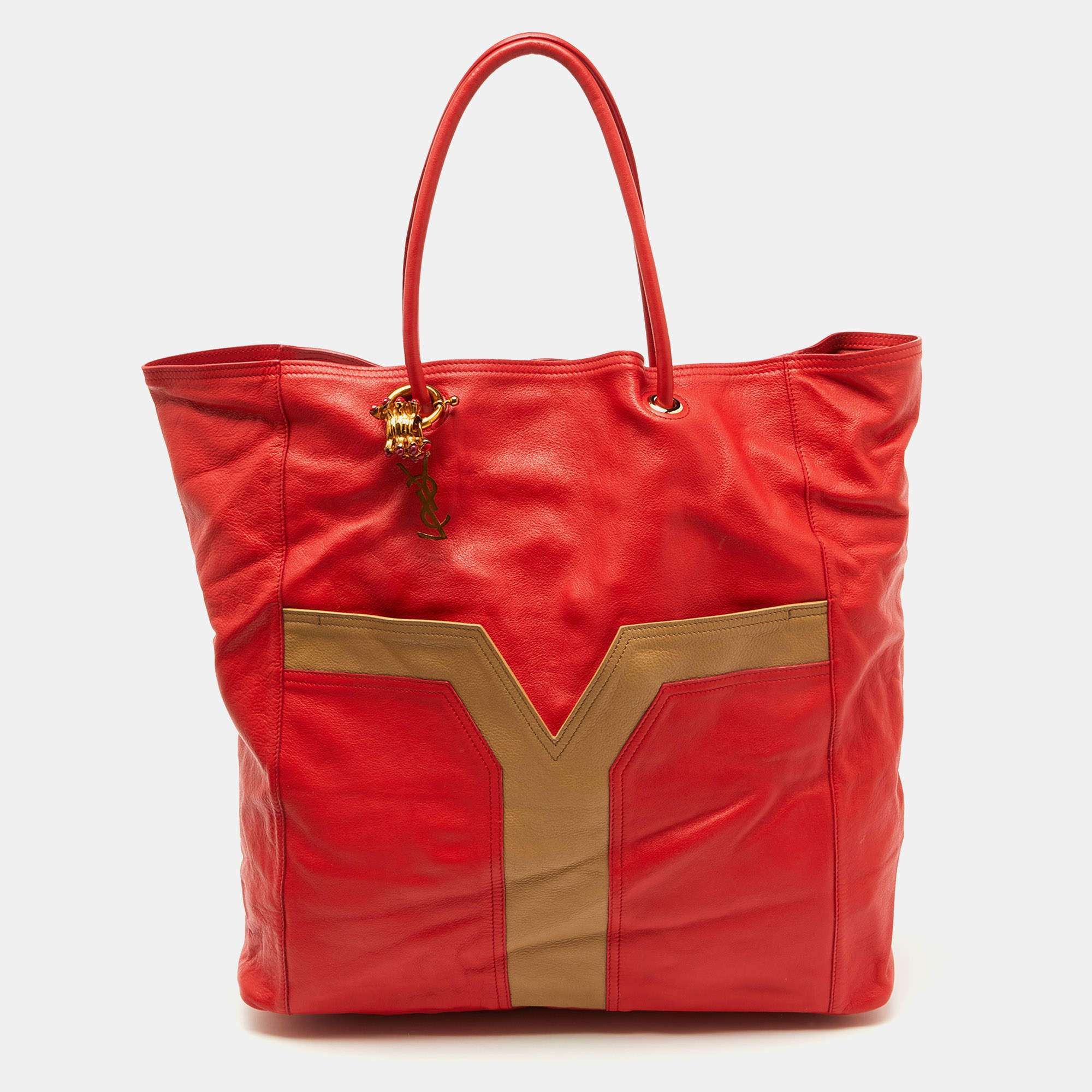 Yves Saint Laurent Red/Brown Leather Lucky Chyc Tote
