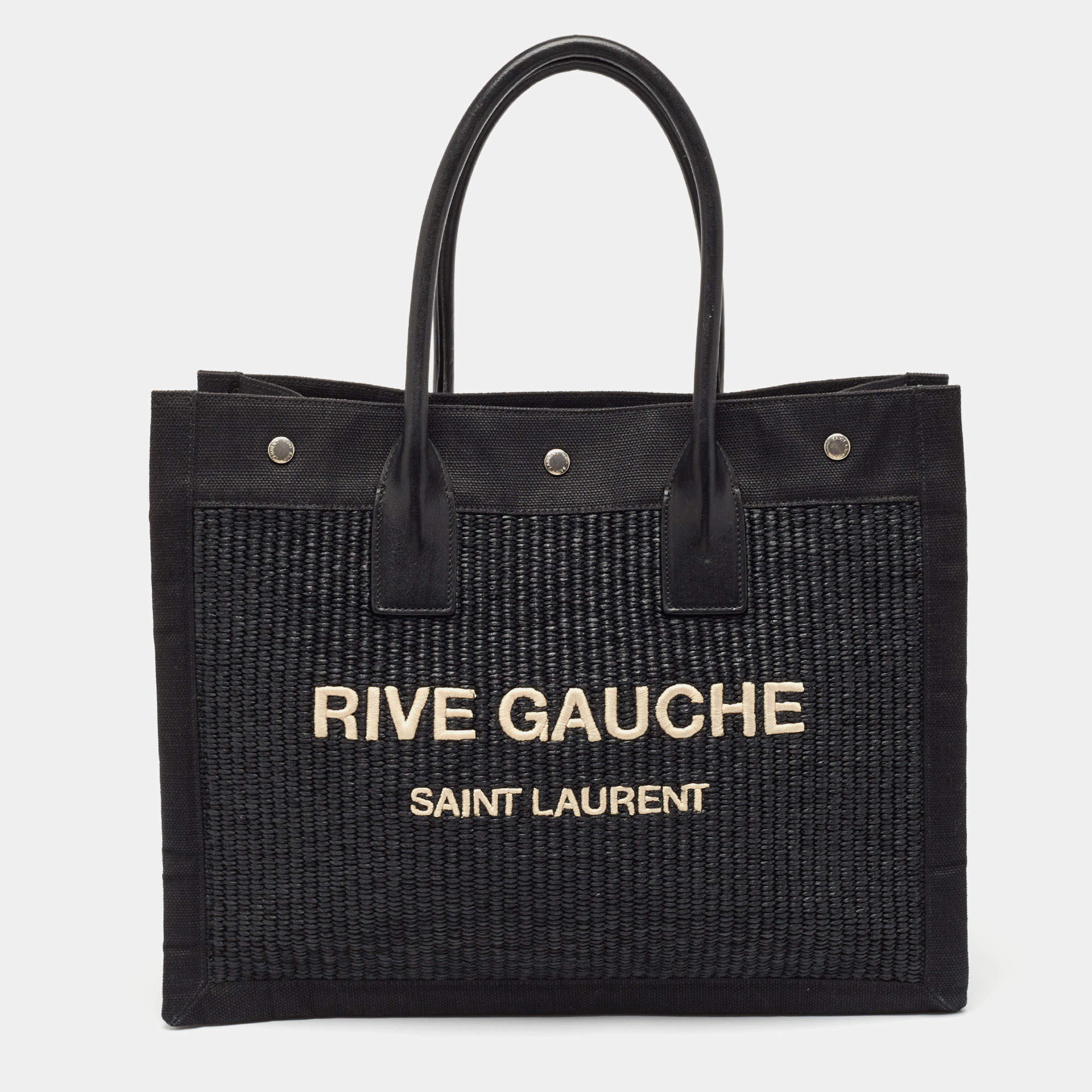 Pre Owned Saint Laurent Black Canvas and Straw Small Rive Gauche Tote