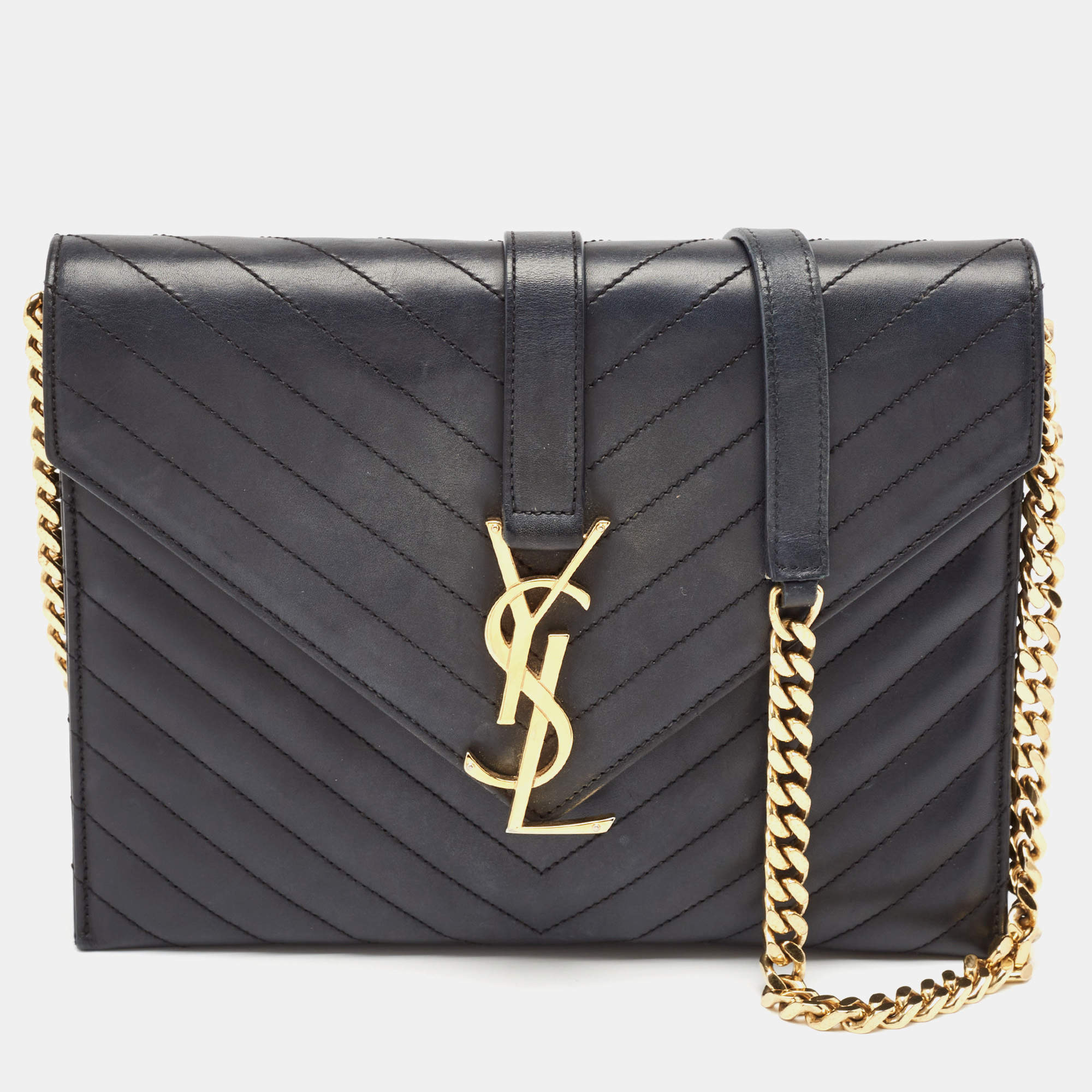 Saint Laurent Black Leather Monogram Envelope Chain Bag
