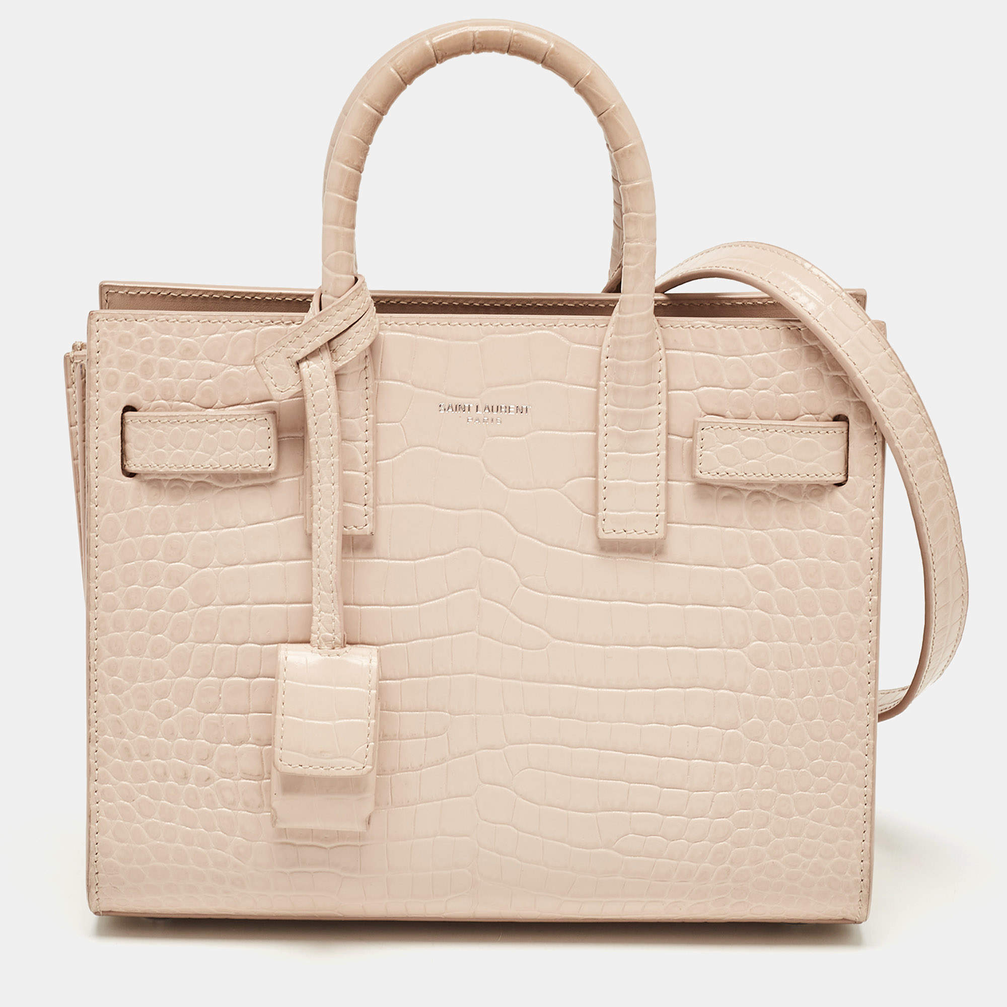 Saint Laurent Pink Croc Embossed Leather Nano Classic Sac De Jour Tote