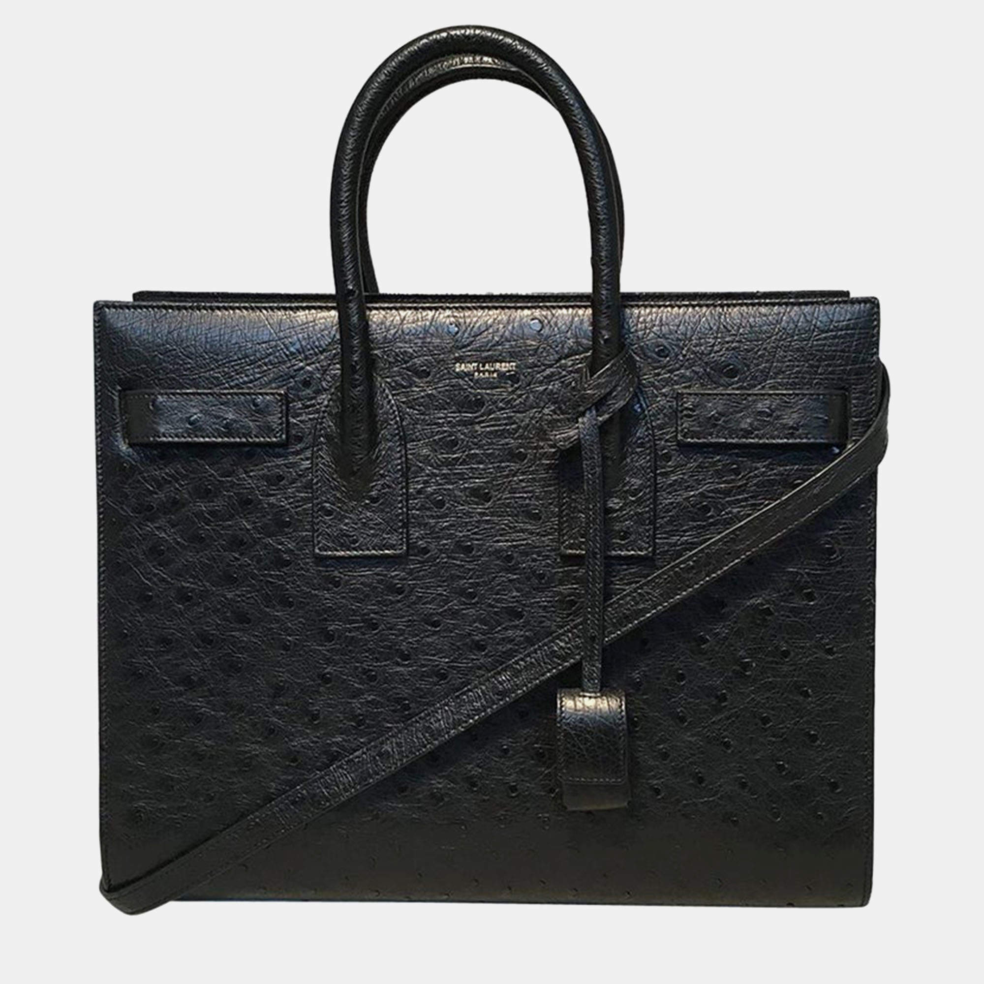 Yves Saint Laurent Black Ostrich Small Sac De Jour Handbag