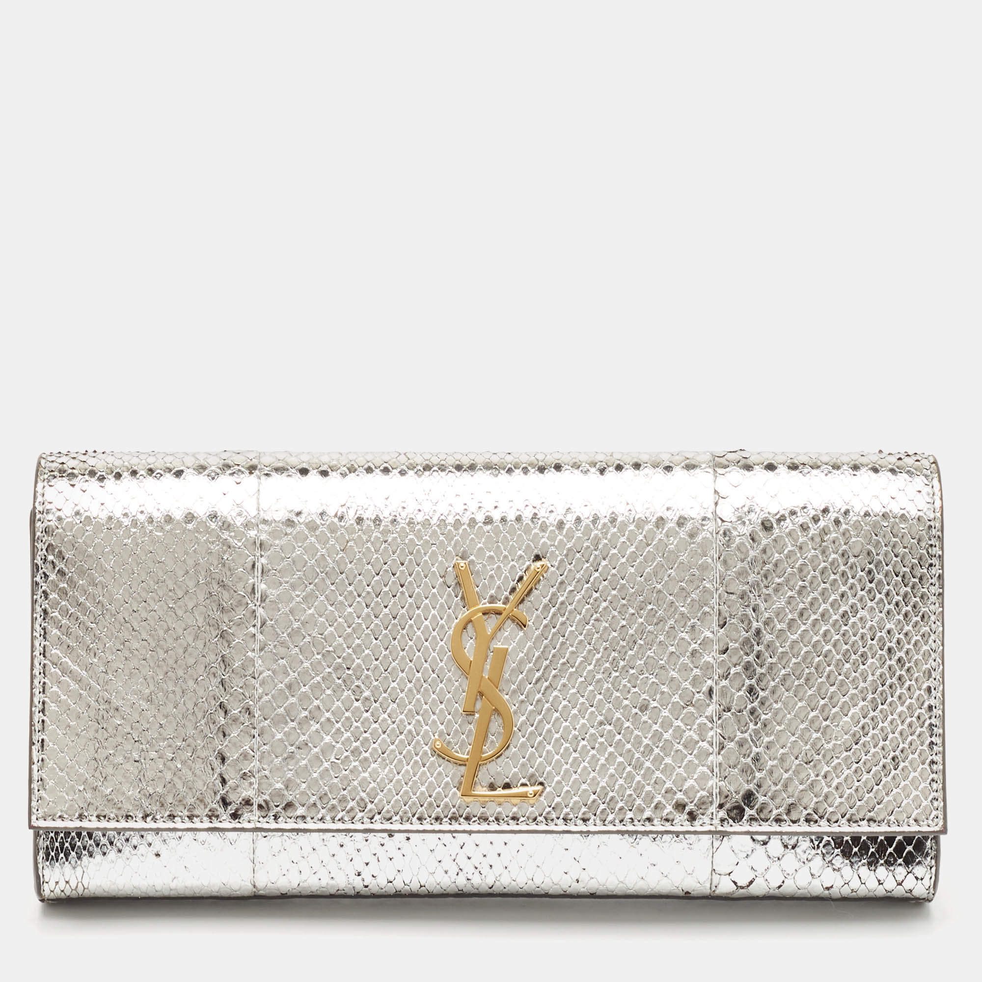 Saint Laurent Silver Python Kate Monogram Clutch