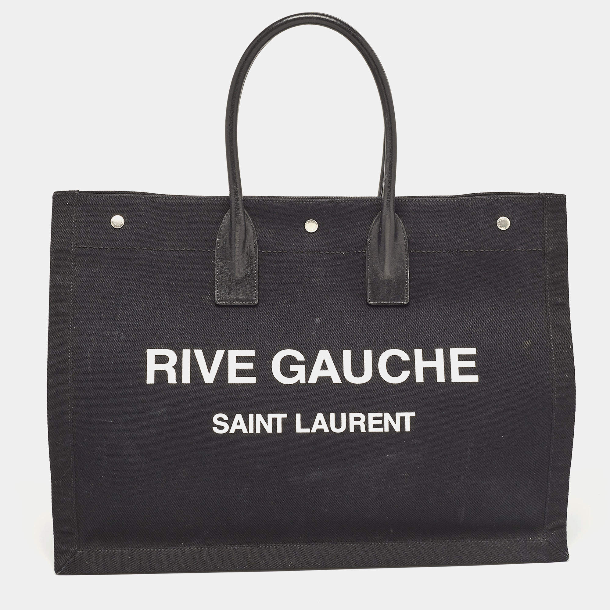 Pre Owned Saint Laurent Black Canvas and Leather Large Rive Gauche Tote