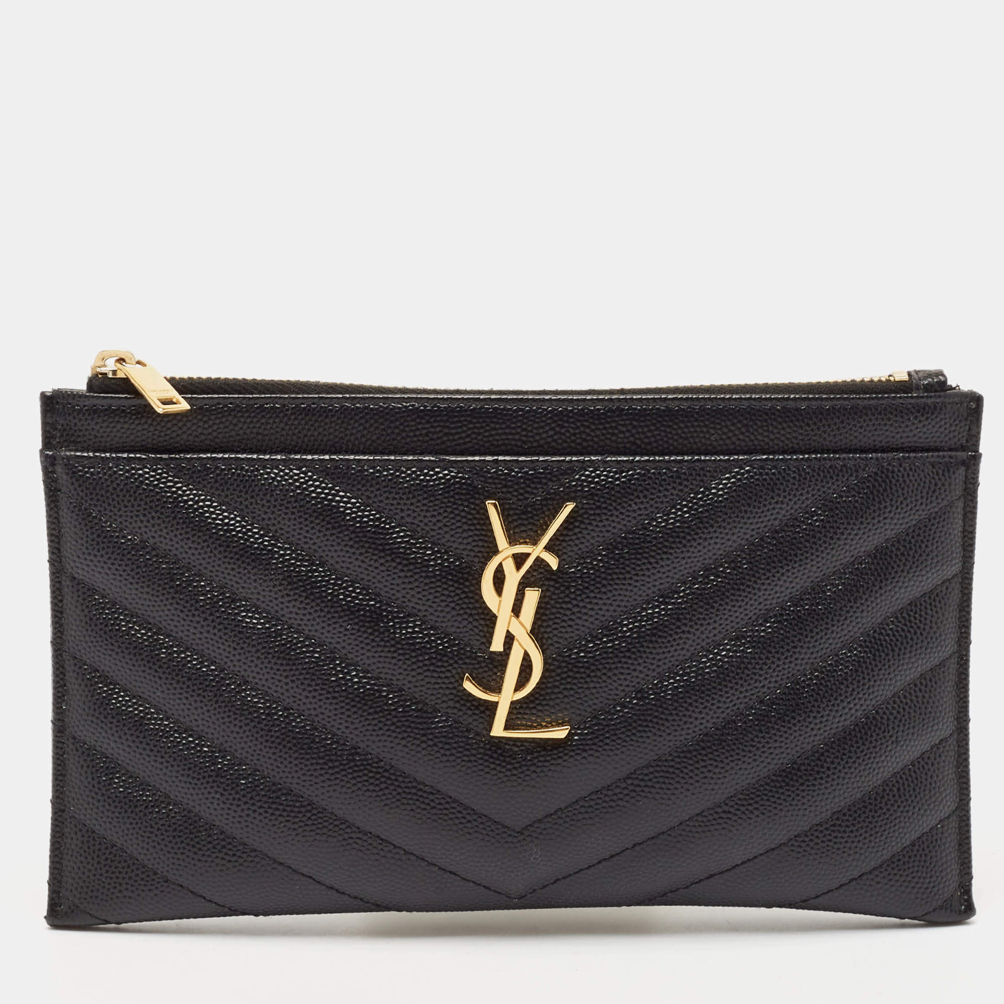 Pre Owned Saint Laurent Black Matelassé Leather Monogram Zip Pouch