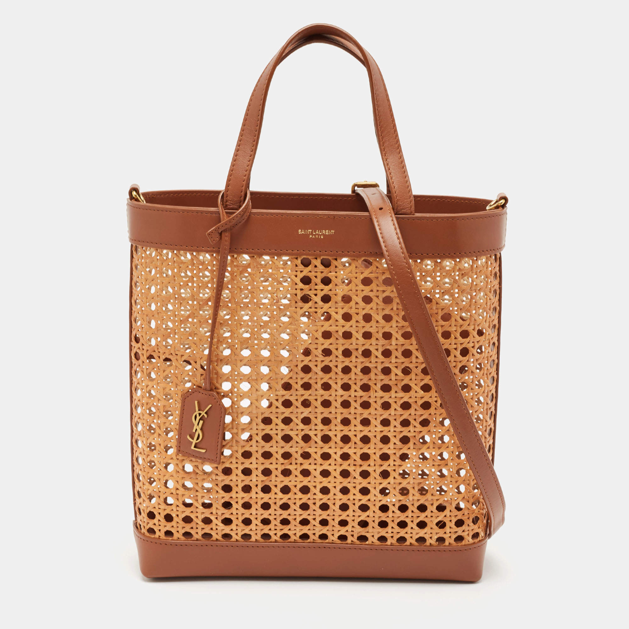 Pre Owned Saint Laurent Brown Woven Rattan and Leather Toy Tote