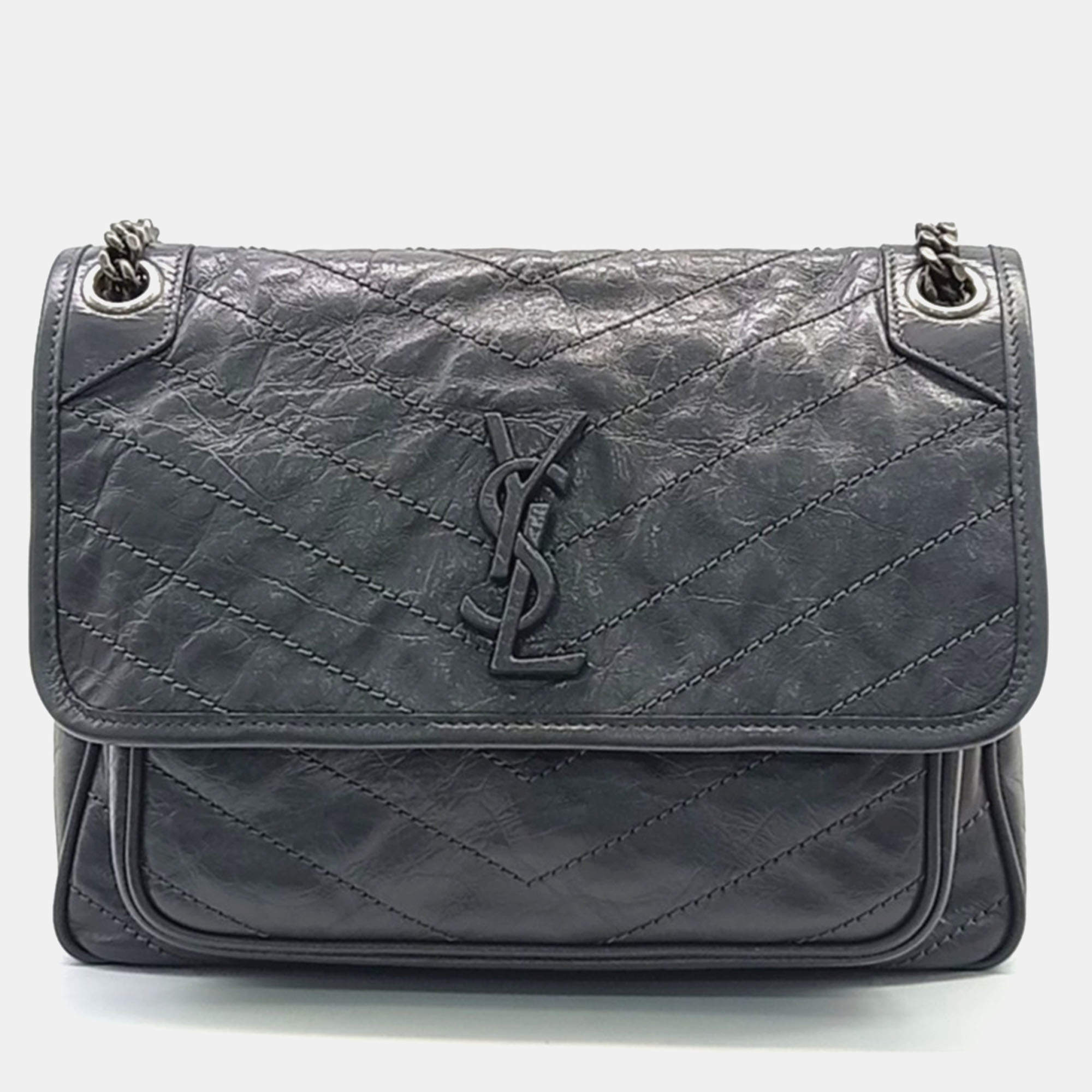 Saint Laurent Paris Black Leather Niki Chain Monogram Shoulder Bag