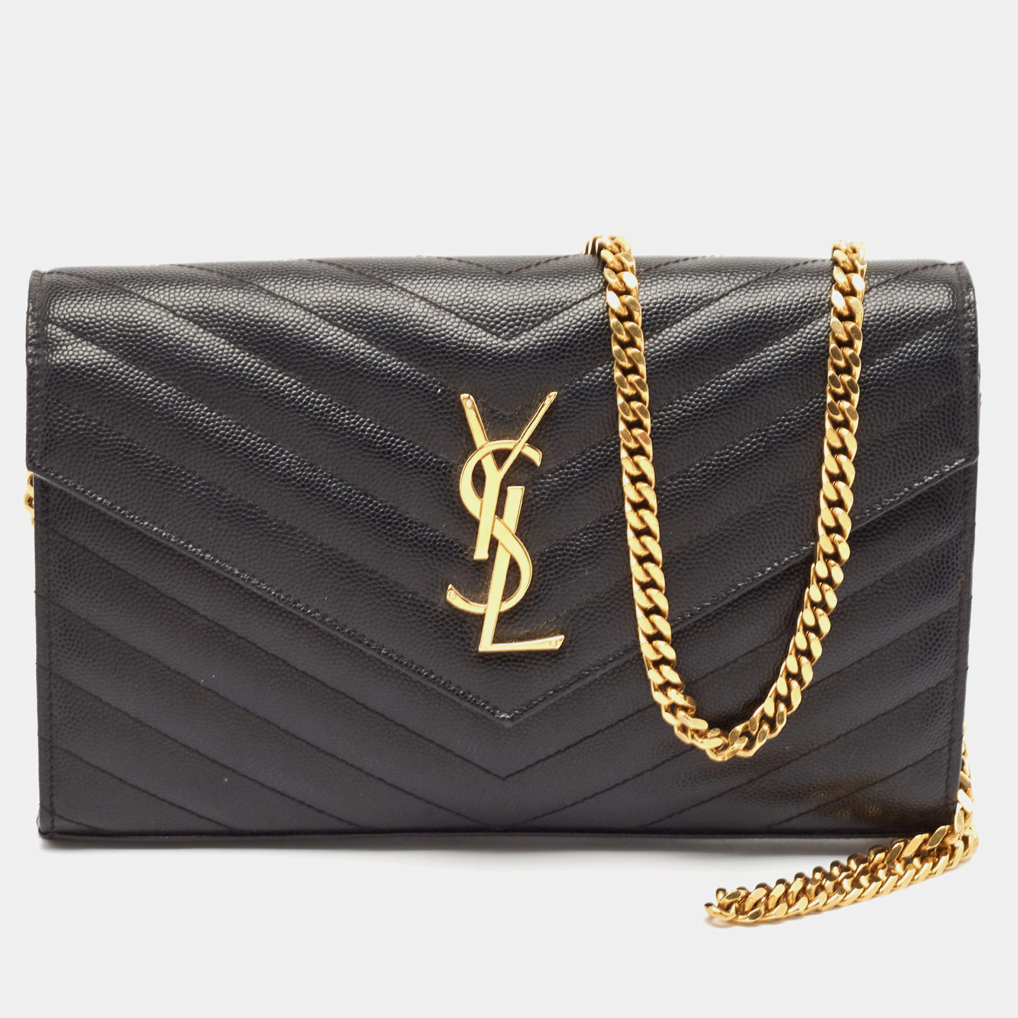 Saint Laurent Black Leather Matelasse Cassandre Envelope Wallet on Chain