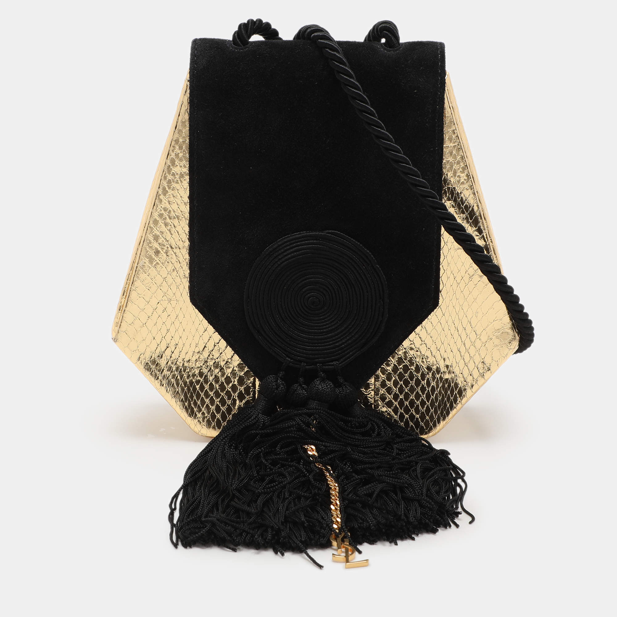 Pre Owned Saint Laurent Gold/Black Snakeskin Embossed Leather and Suede Opium Shoulder Bag