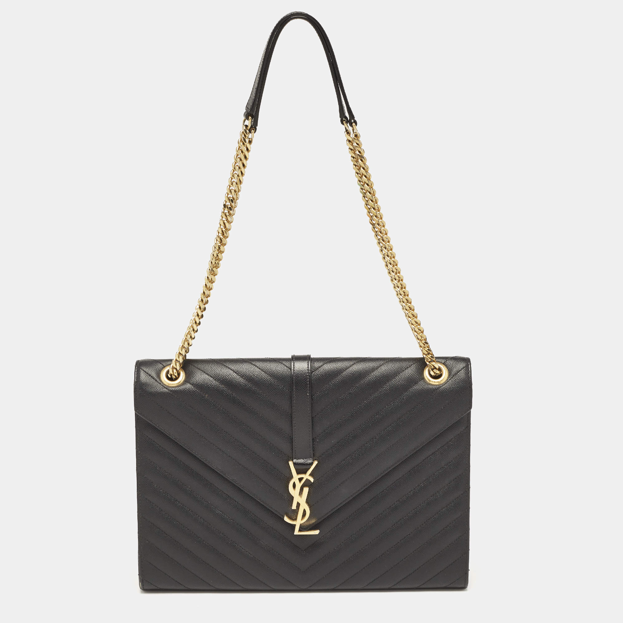 Saint Laurent Black Chevron Leather Large Monogram Envelope Shoulder Bag