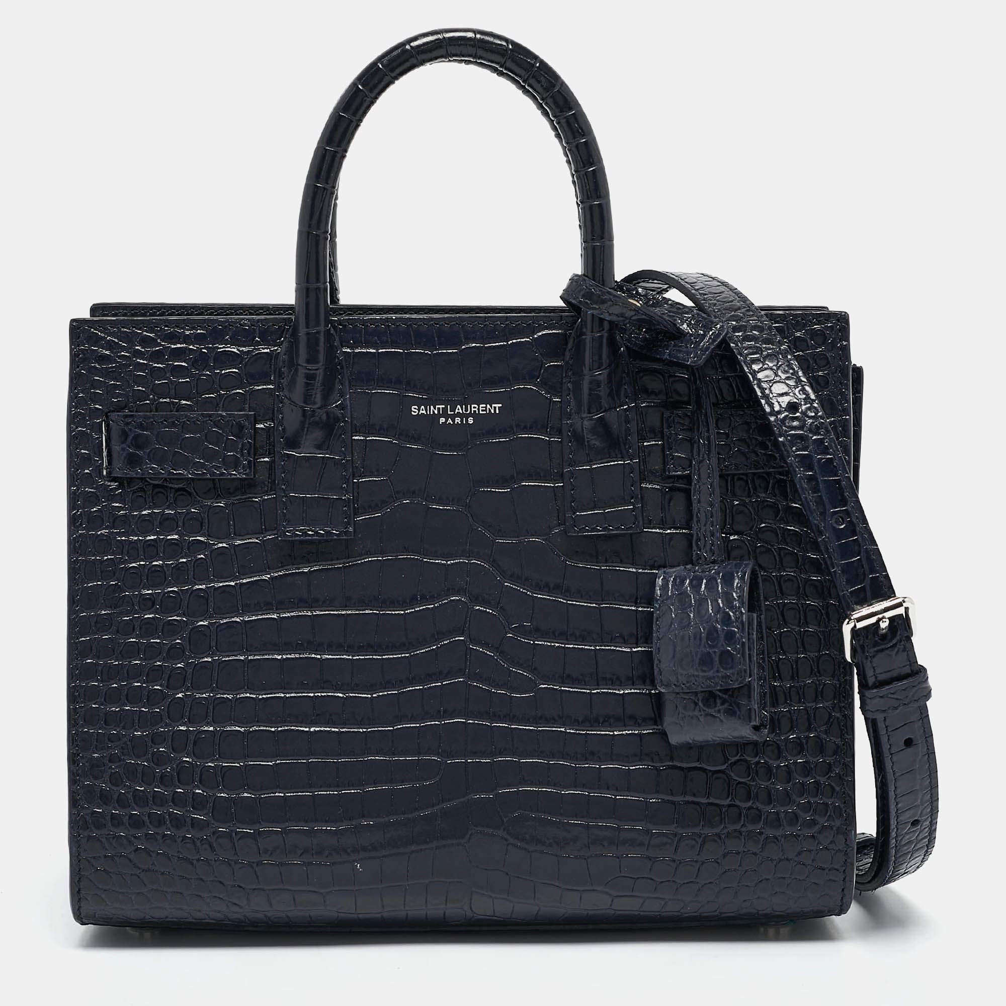 Pre Owned Saint Laurent Navy Blue Croc Embossed Leather Nano Classic Sac De Jour Tote