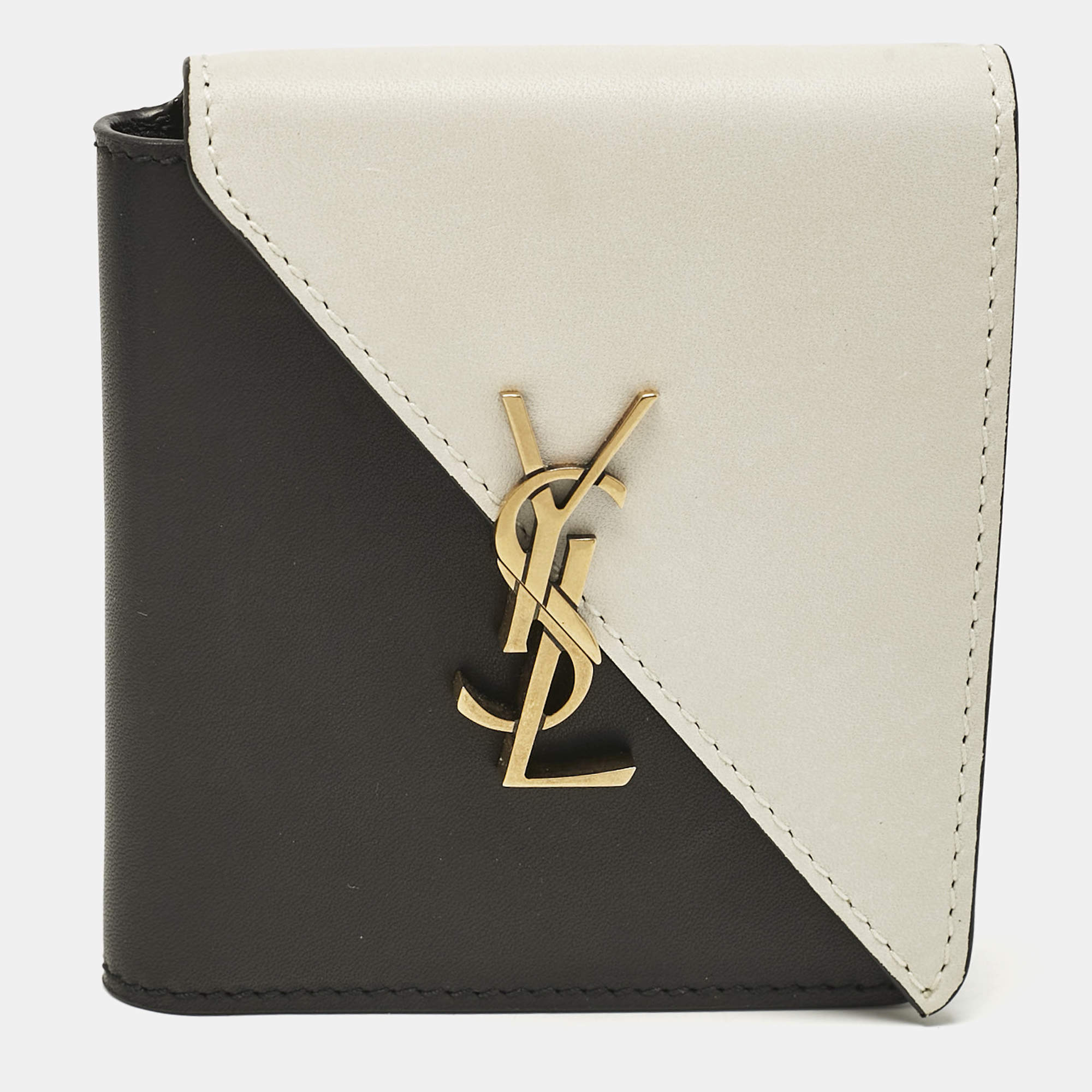 Pre Owned Saint Laurent Black/White Leather Jamie Folded Wallet