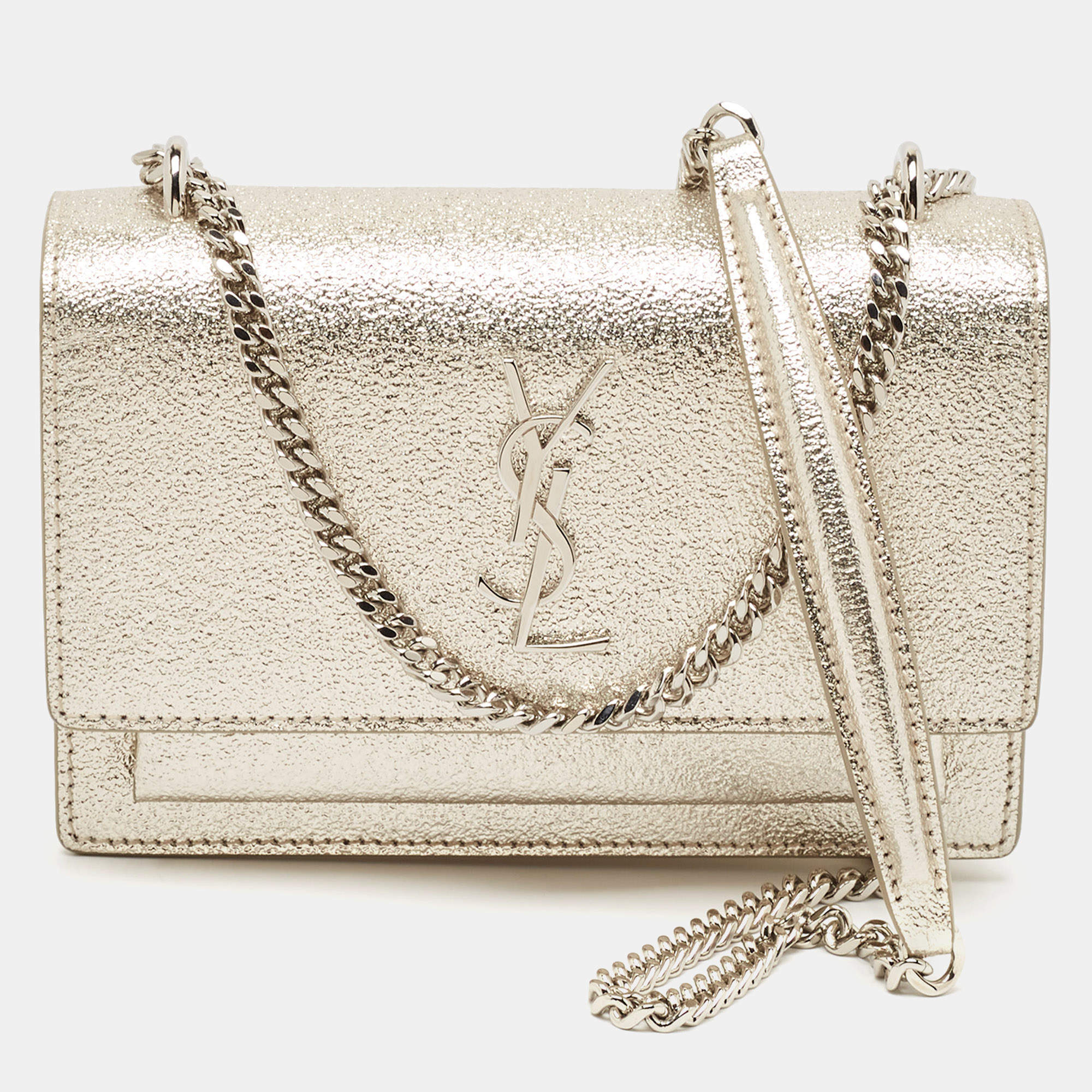 Saint Laurent Gold Textured Leather Mini Sunset Chain Bag