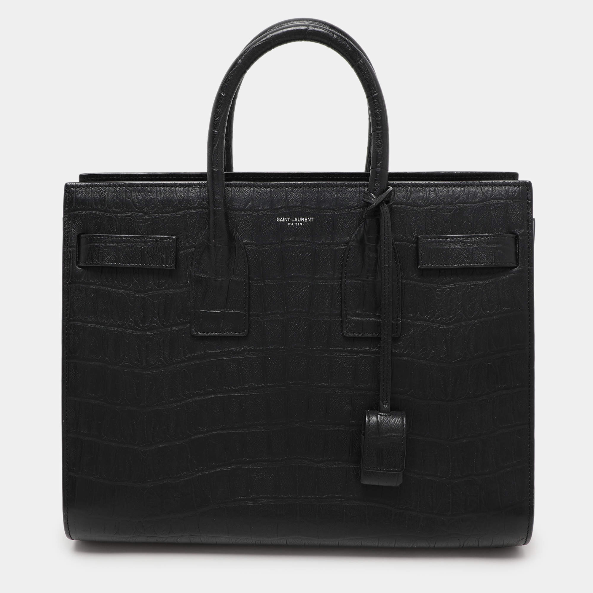 Saint Laurent Black Croc Embossed Leather Small Classic Sac De Jour Tote
