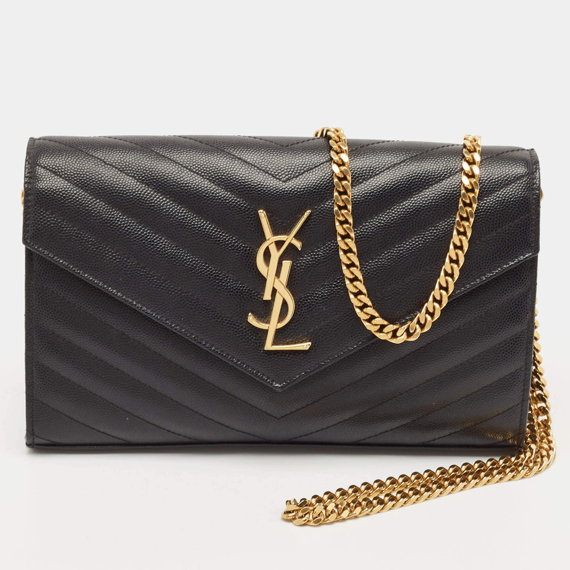 Pre Owned Saint Laurent Black Matelassé Leather Monogram Wallet on Chain