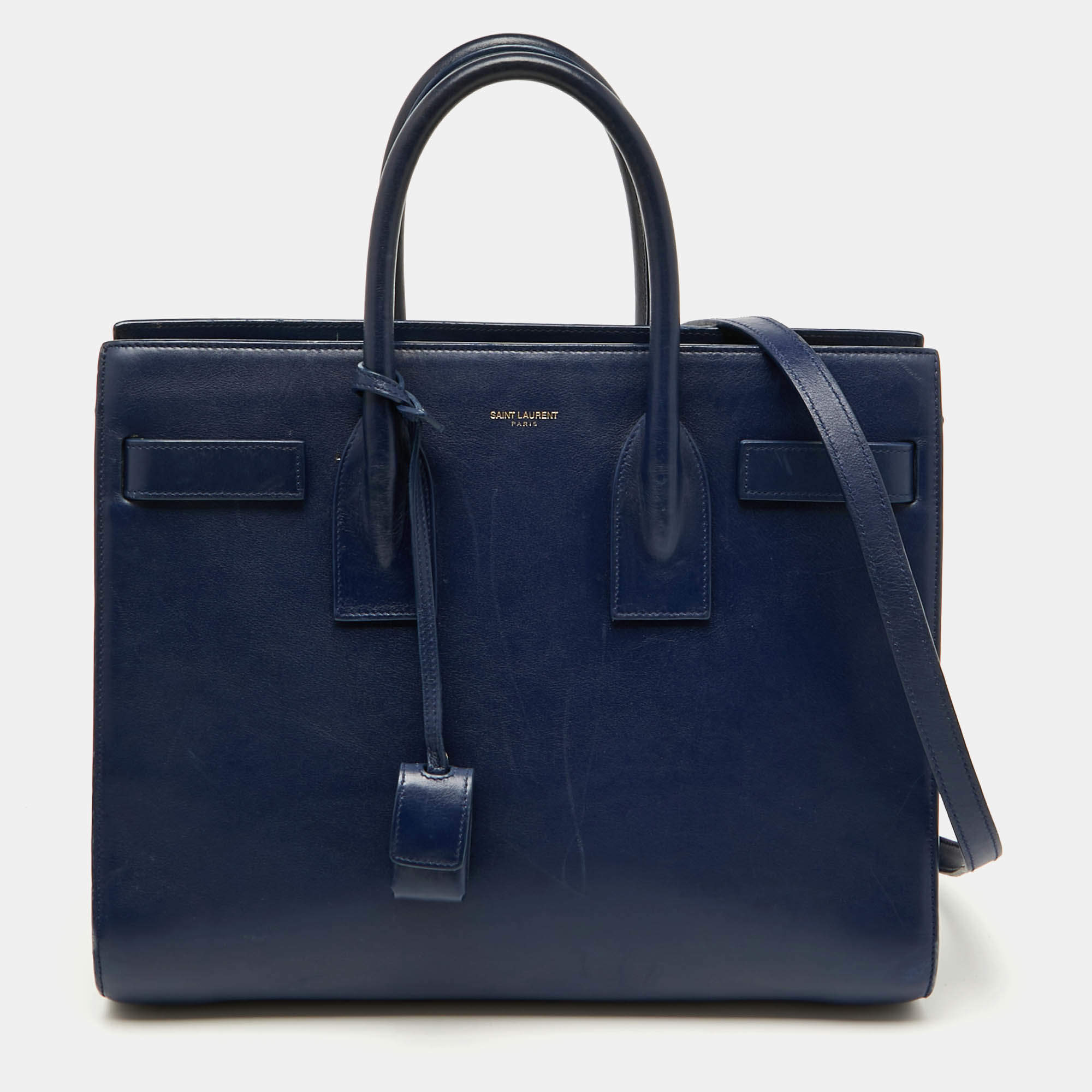 Saint Laurent Navy Blue Leather Small Classic Sac De Jour Tote