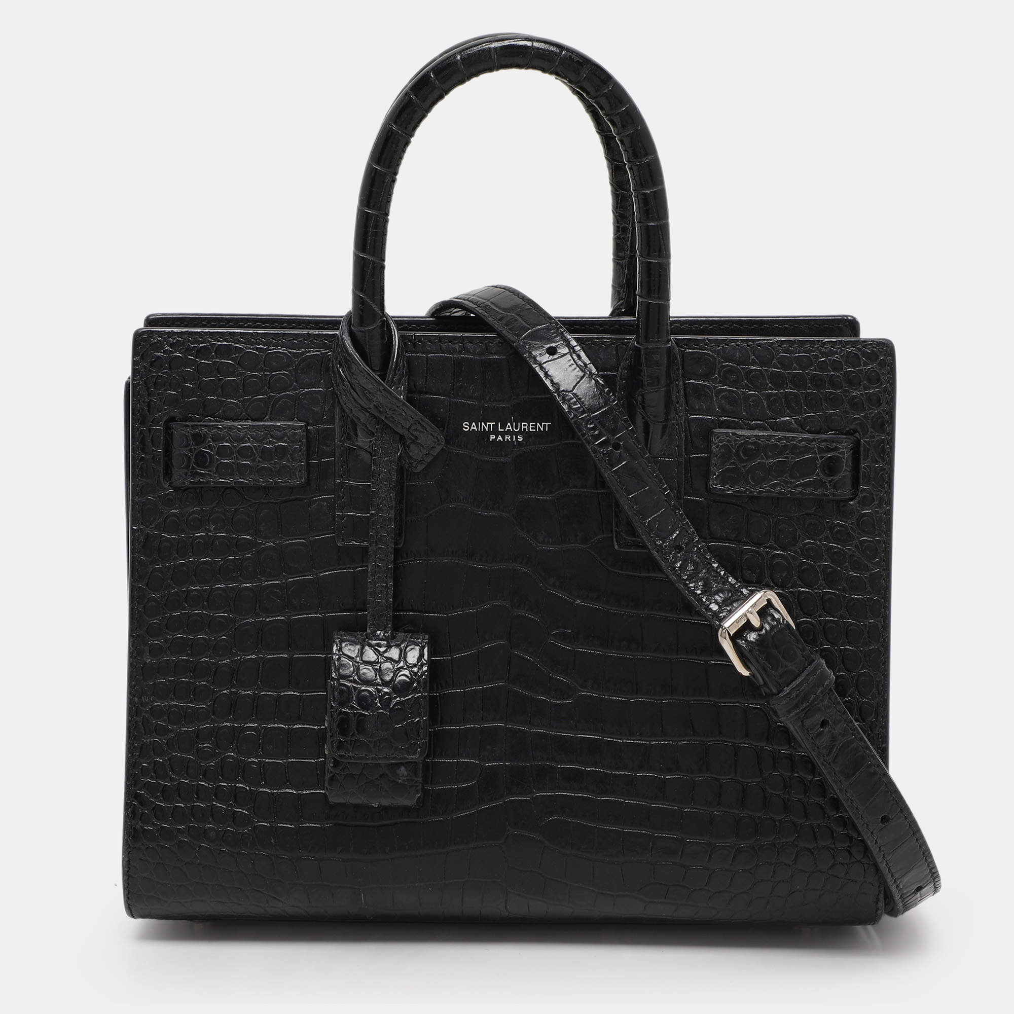 Saint Laurent Black Croc Embossed Leather Nano Classic Sac De Jour Tote