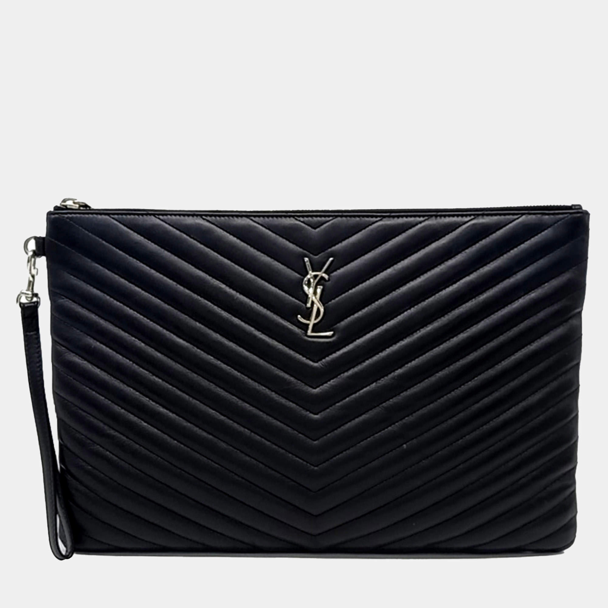 Saint Laurent Paris Black Leather Monogram Pouch Bag